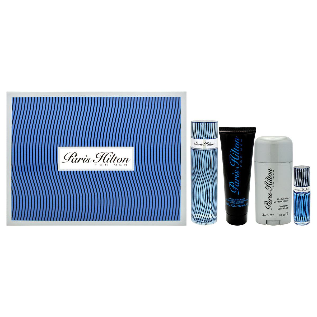 Paris Hilton by Paris Hilton for Men - 4 Pc Gift Set 3.4oz EDT Spray, 0.25oz EDT Spray (Mini), 3oz Hair and Body Wash, 2.75oz Alcohol Free Deodorant Stick
