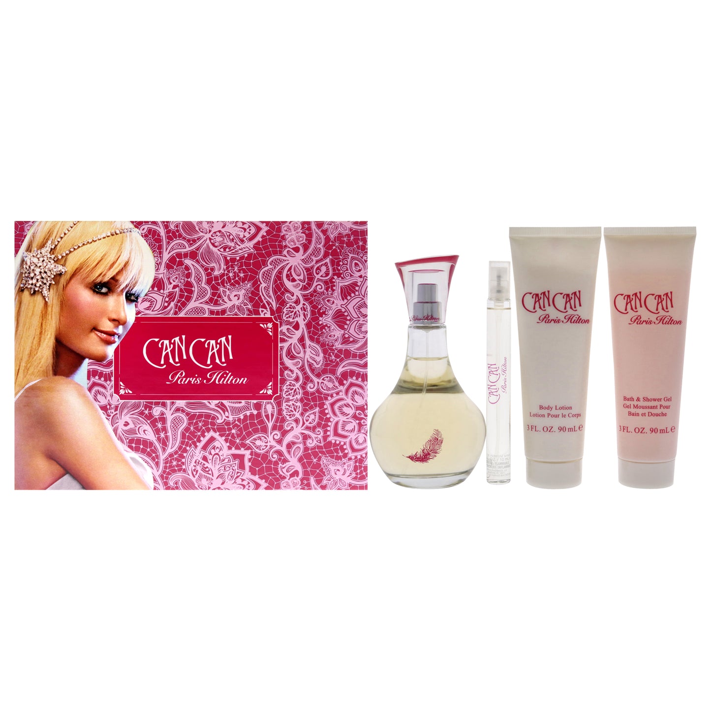 Can Can by Paris Hilton for Women - 4 Pc Gift Set 3.4oz EDP Spray, 0.34oz EDP Spray (Mini), 3oz Body Lotion, 3oz Bath and Shower Gel