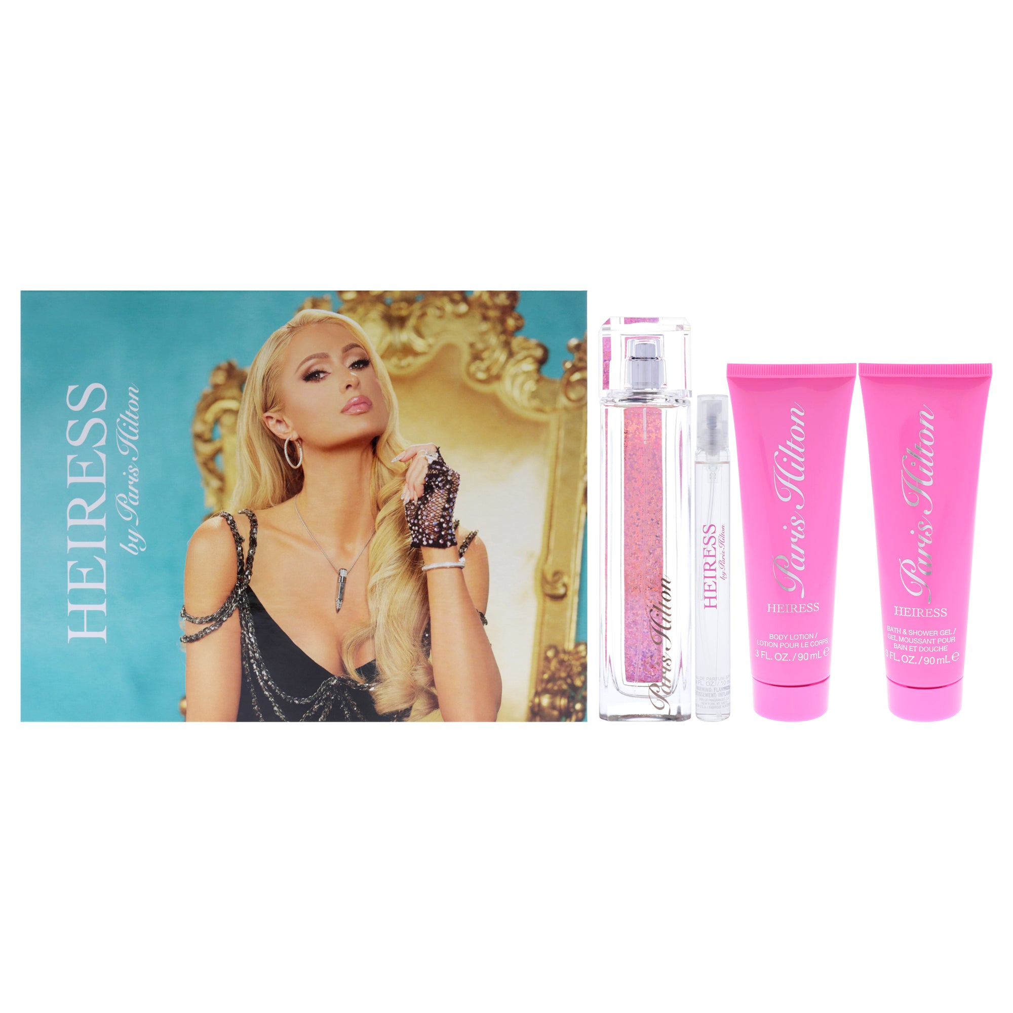 Heiress by Paris Hilton for Women - 4 Pc Gift Set 3.4oz EDP Spray, 0.34oz EDP Spray, 3oz Body Lotion, 3oz Bath and Shower Gel
