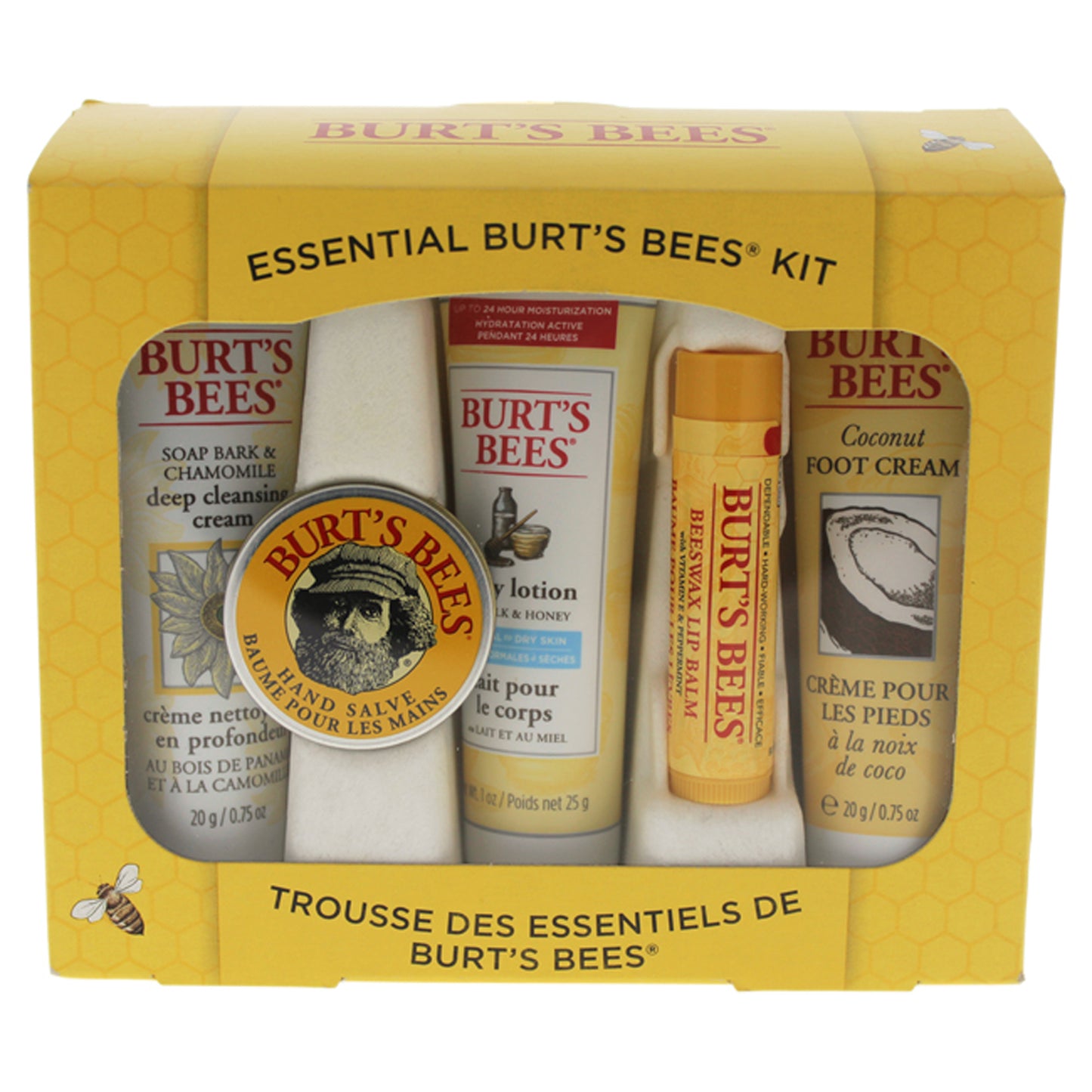 Essential Burts Bees Kit by Burts Bees for Women - 5 Pc Kit 1oz Body Lotion with Milk & Honey, 0.3oz Hand Salve, 0.75oz Soap Bark & Chamomile Deep Cleansing Cream, 0.75oz Coconut Foot Cream, 0.15oz Beeswax Lip Balm with Vitamin E & Peppermint
