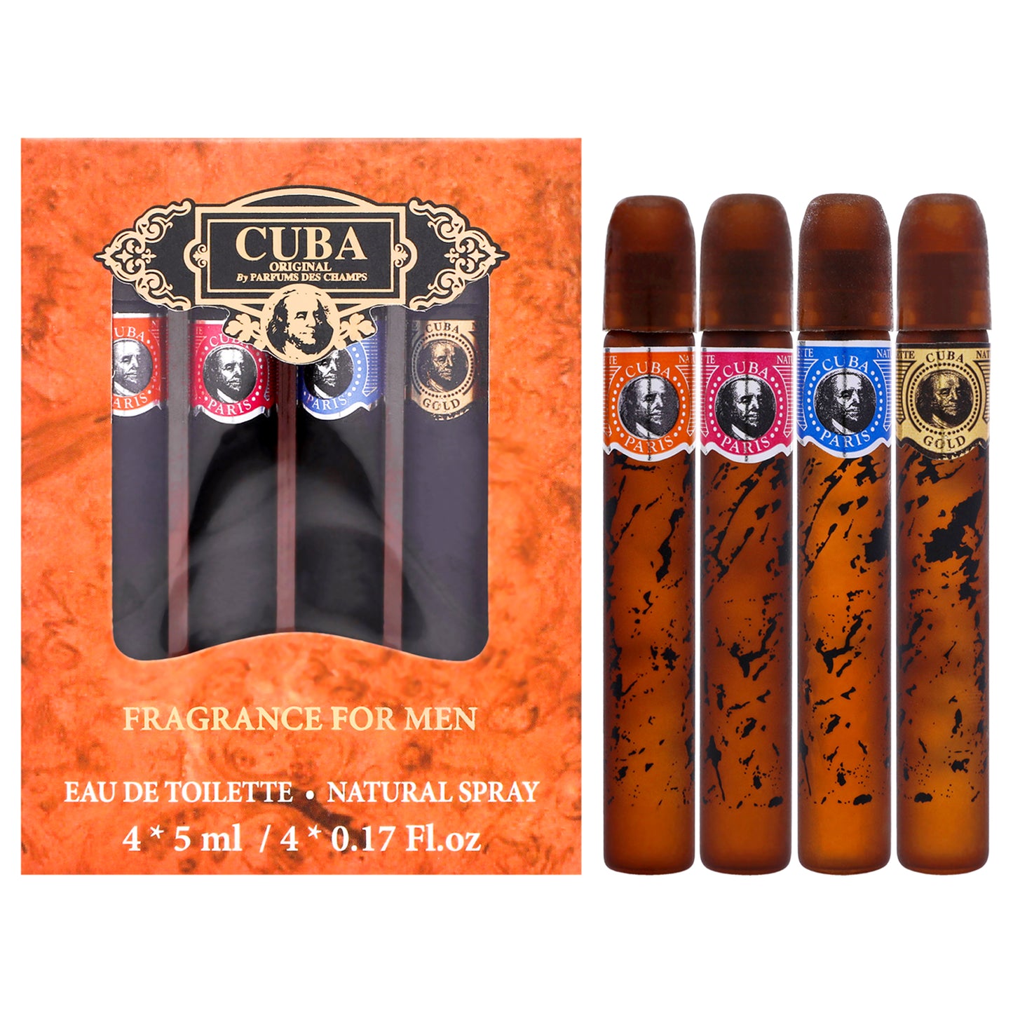 Cuba by Cuba for Men - 4 Pc Mini Gift Set 0.17oz Cuba Gold EDT Splash (Mini), 0.17oz Cuba Red EDT Splash (Mini), 0.17oz Cuba Blue EDT Splash (Mini), 0.17oz Cuba Orange EDT Splash (Mini)