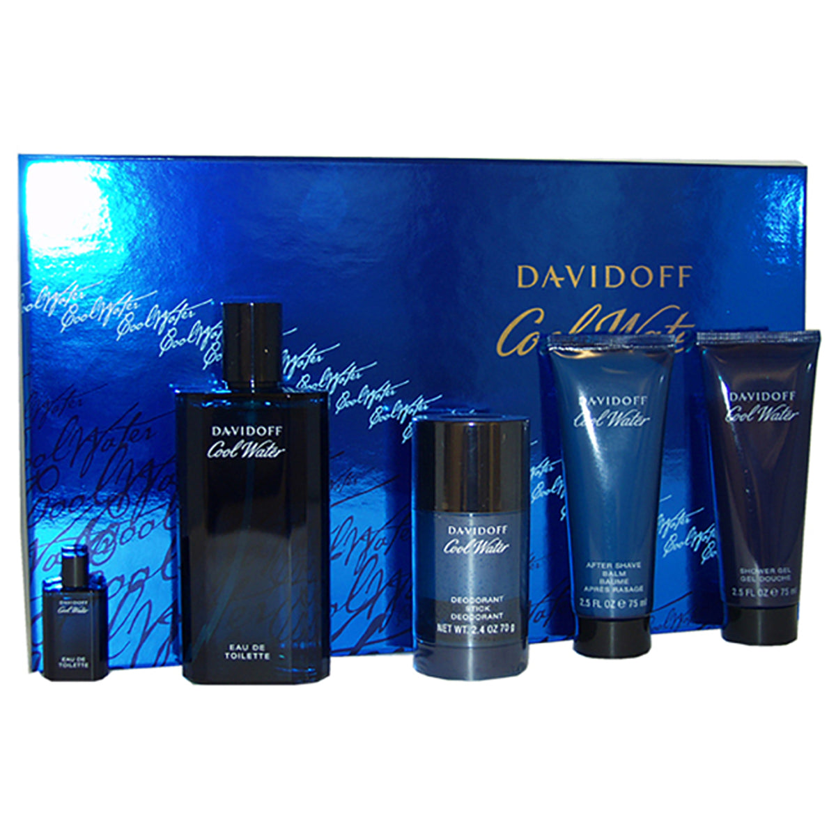 Cool Water by Davidoff for Men - 5 Pc Gift Set 4.2oz EDT Spray, 5ml EDT Splash (Mini), 2.5oz After Shave Balm, 2.5oz Shower Gel, 2.4oz Deodorant Stick