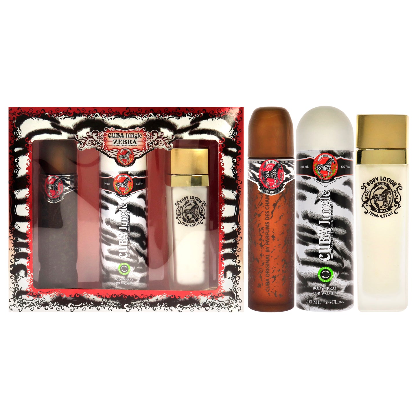 Cuba Jungle Zebra by Cuba for Women - 3 Pc Gift Set 3.3oz EDP Spray, 6.7oz Deodorant Body Spray, 4.3oz Body Lotion