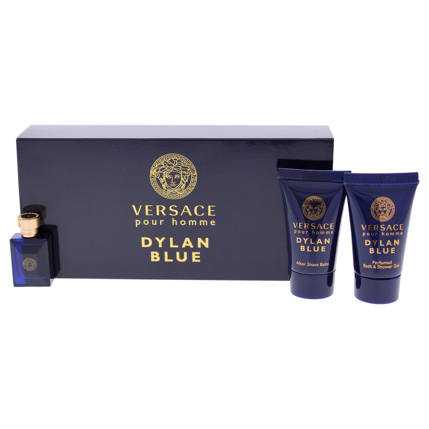 Dylan Blue by Versace for Men - 3 Pc Mini Gift Set 0.17oz EDT Splash, 0.8oz Perfumed Bath & Shower Gel, 0.8oz After Shave Balm