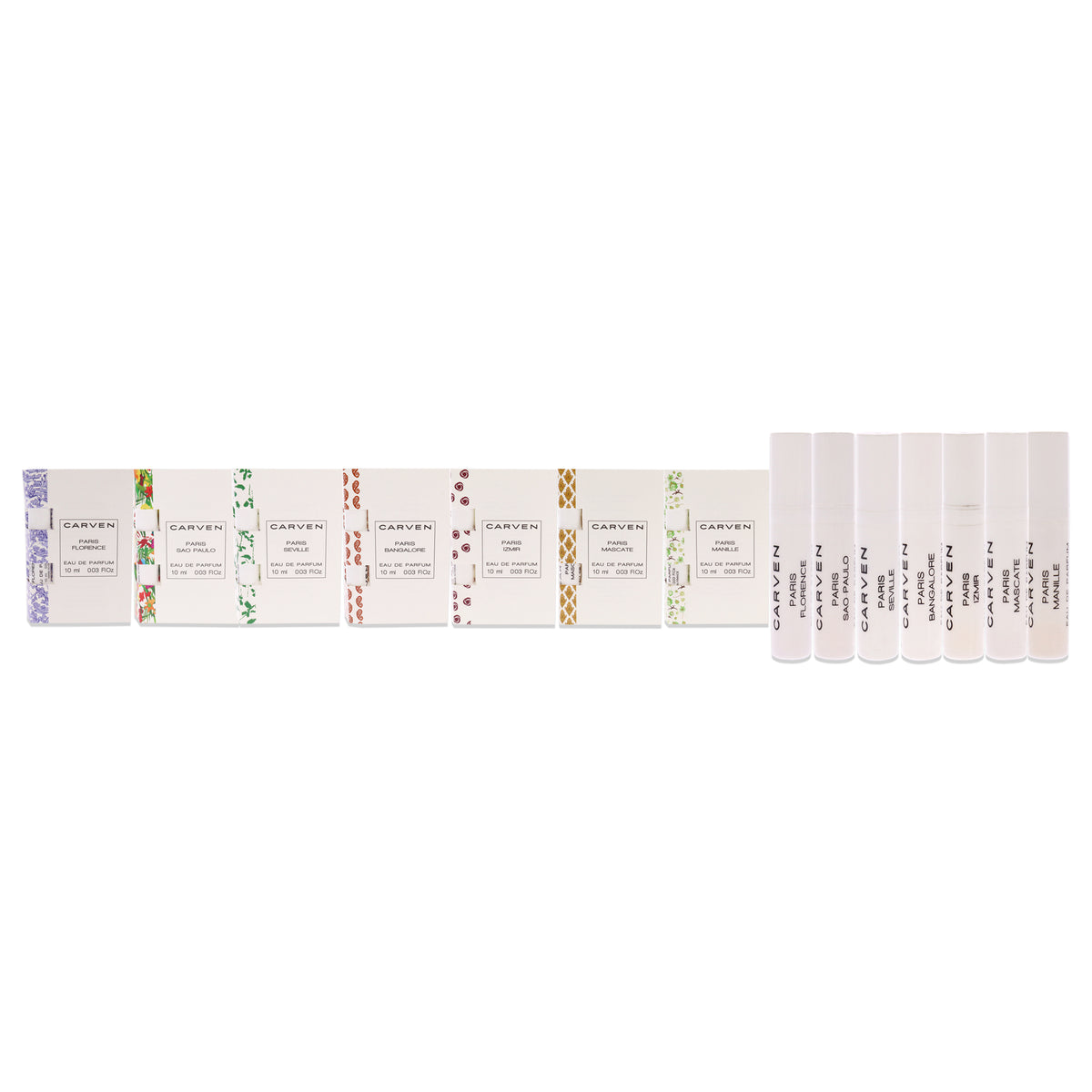 Carven Collection Mini Sampler Set by Carven for Women - 7 Pc Mini Gift Set 0.03oz Paris Seville EDP Spray, 0.03oz Paris Manille EDP Spray, 0.03oz Paris Sao Paulo EDP Spray, 0.03oz Paris Florence EDP Spray, 0.03oz Paris Mascate EDP Spray, 0.03oz Pari