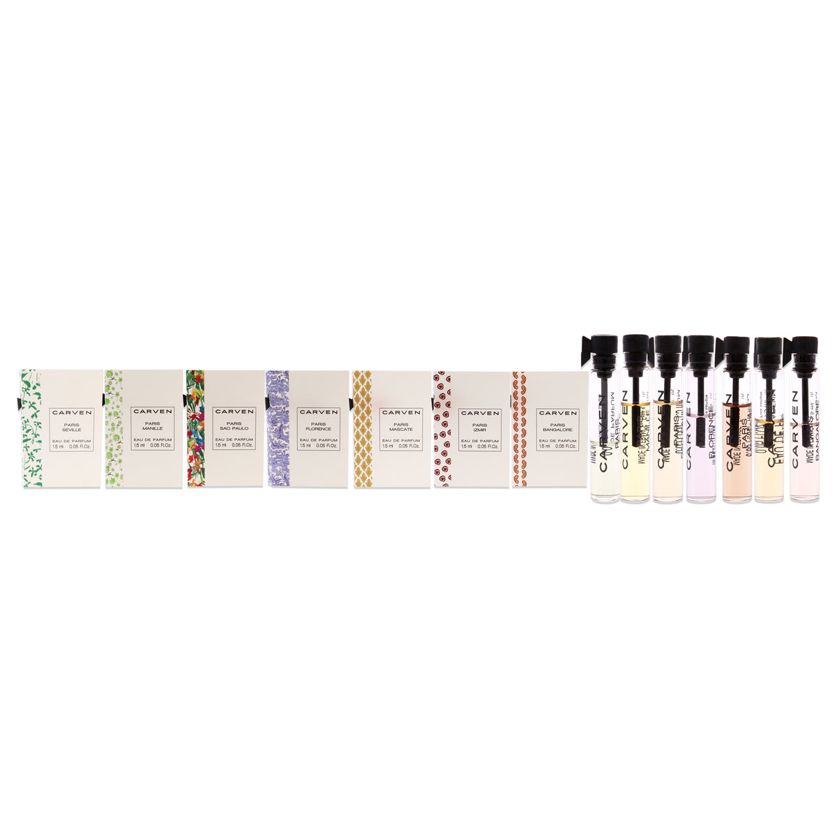Carven Collection Mini Sampler Set by Carven for Women - 7 Pc Mini Gift Set 0.05oz Paris Seville EDP Spray, 0.05oz Paris Manille EDP Spray, 0.05oz Paris Sao Paulo EDP Spray, 0.05oz Paris Florence EDP Spray, 0.05oz Paris Mascate EDP Spray, 0.05oz Pari