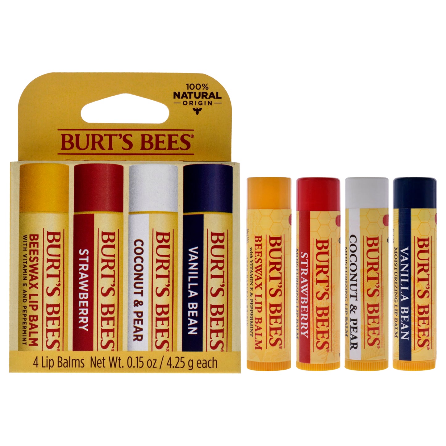 Best Of Burts Moisturizing Lip Balm Set by Burts Bees for Unisex - 4 Pc 0.15oz Lip Balm Beeswax, 0.15oz Lip Balm Strawberry, 0.15oz Lip Balm Coconut and Pear, 0.15oz Lip Balm Vanilla Bean