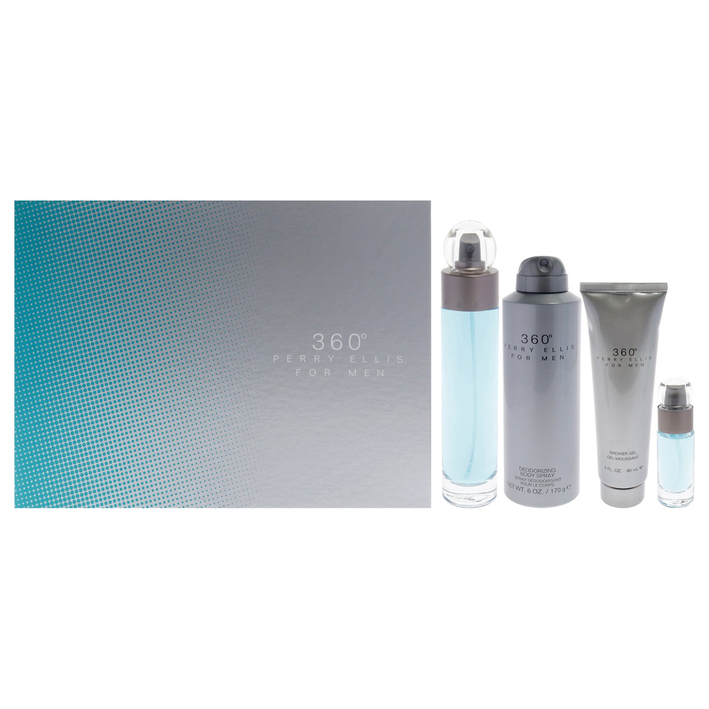 360 by Perry Ellis for Men - 4 Pc Gift Set 3.4oz EDT Spray, 6oz Deodorizing Body Spray, 3.0oz Shower Gel, 0.25oz EDT Spray