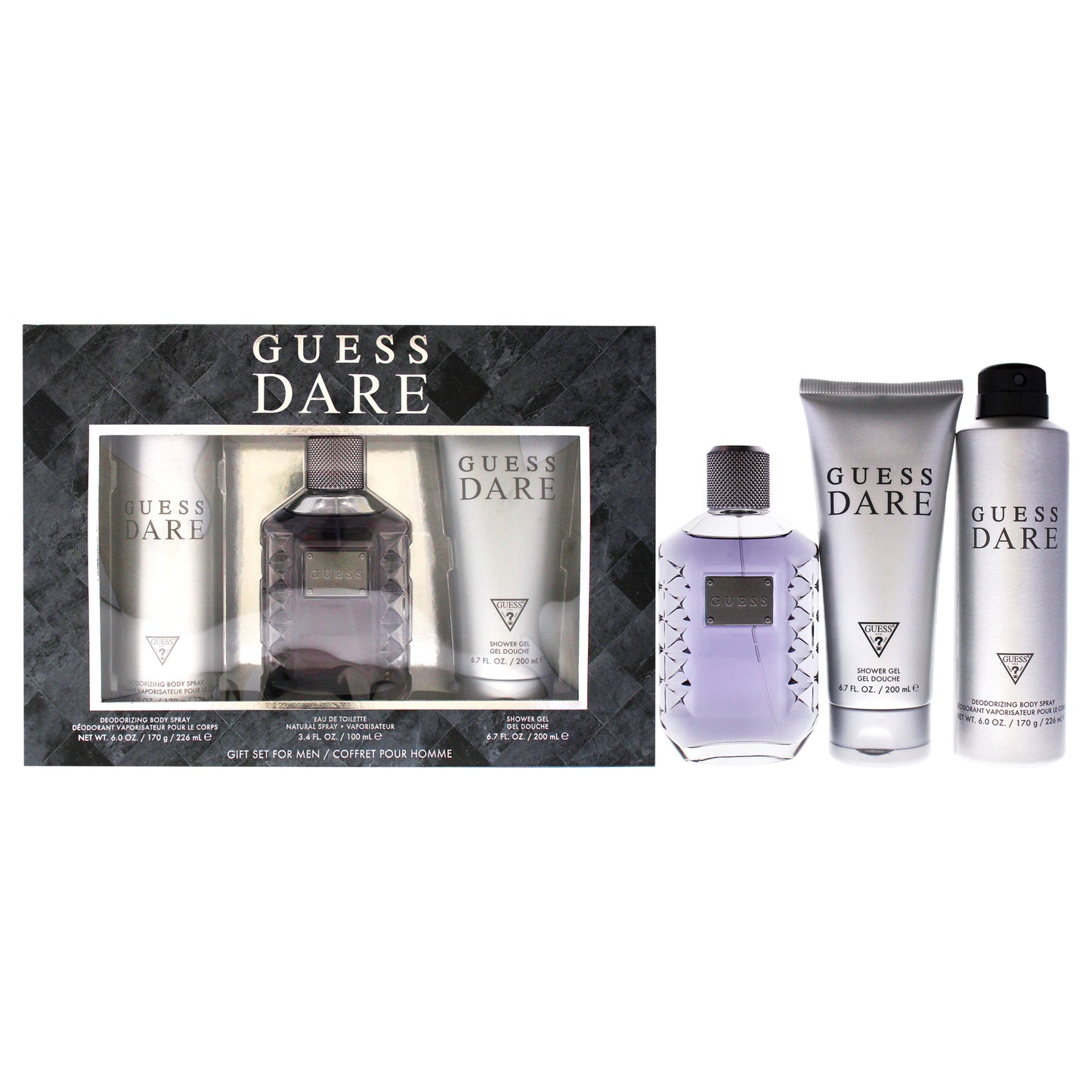Guess Dare by Guess for Men - 3 Pc Gift Set 3.4oz EDT Spray, 6.0oz Deodorant Body Spray, 6.7oz Shower Gel