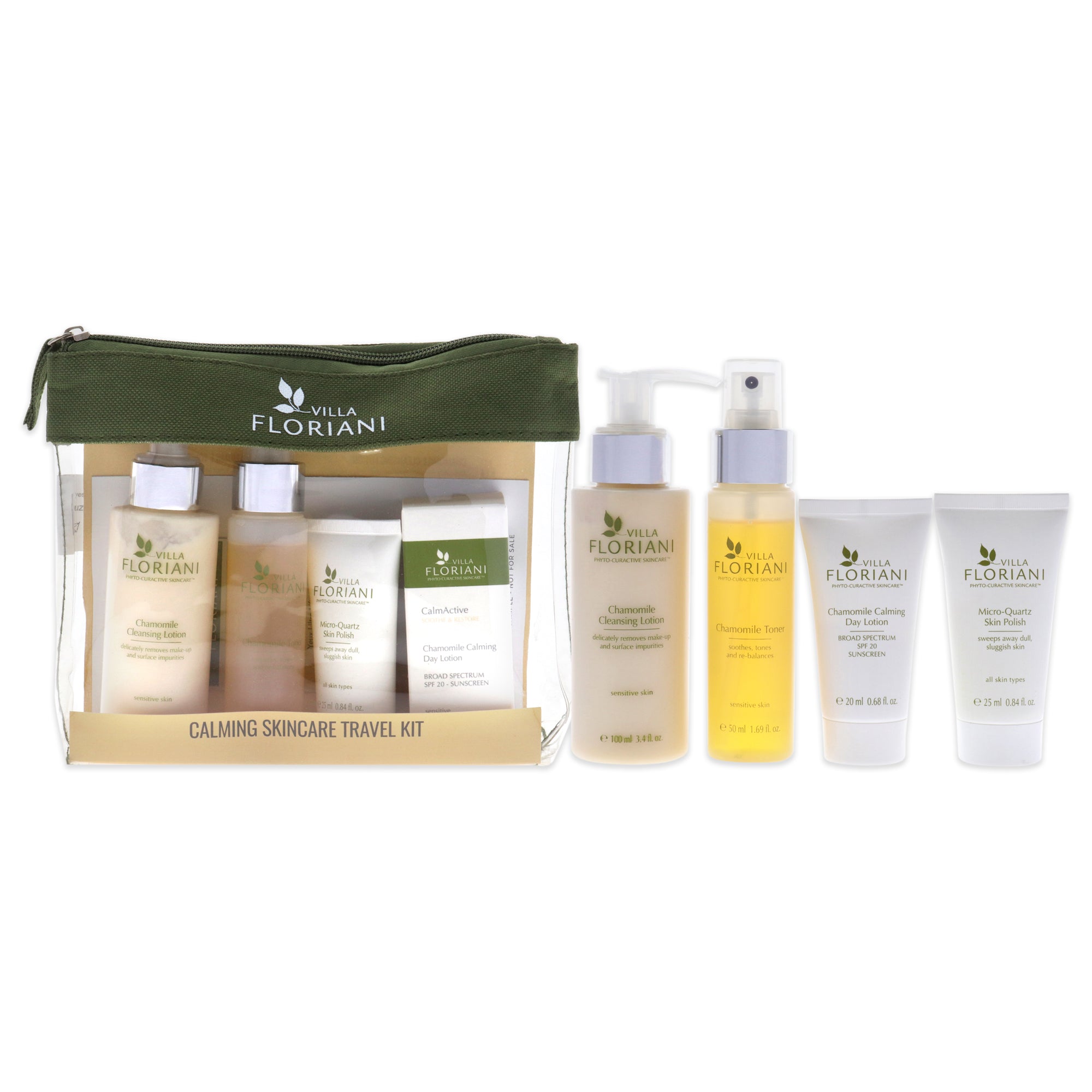 Calming Skincare Travel Kit by Villa Floriani for Women - 6 Pc 3.4oz Chamomile Cleansing Lotion, 1.69oz Chamomile Toner, 0.68oz Chamomile Calming Day Lotion SPF 20, 0.84oz Micro-Quartz Skin Polish, 0.05oz Advanced Lifting Eye Cream, 0.06oz Chamomile