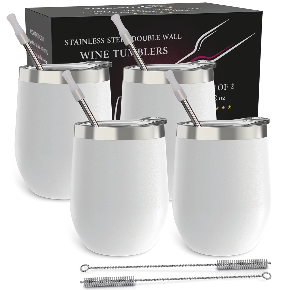 Stainless Steel Double Wall Wine Tumbler - White by Chillout Life for Unisex - 4 x 12 oz Tumbler