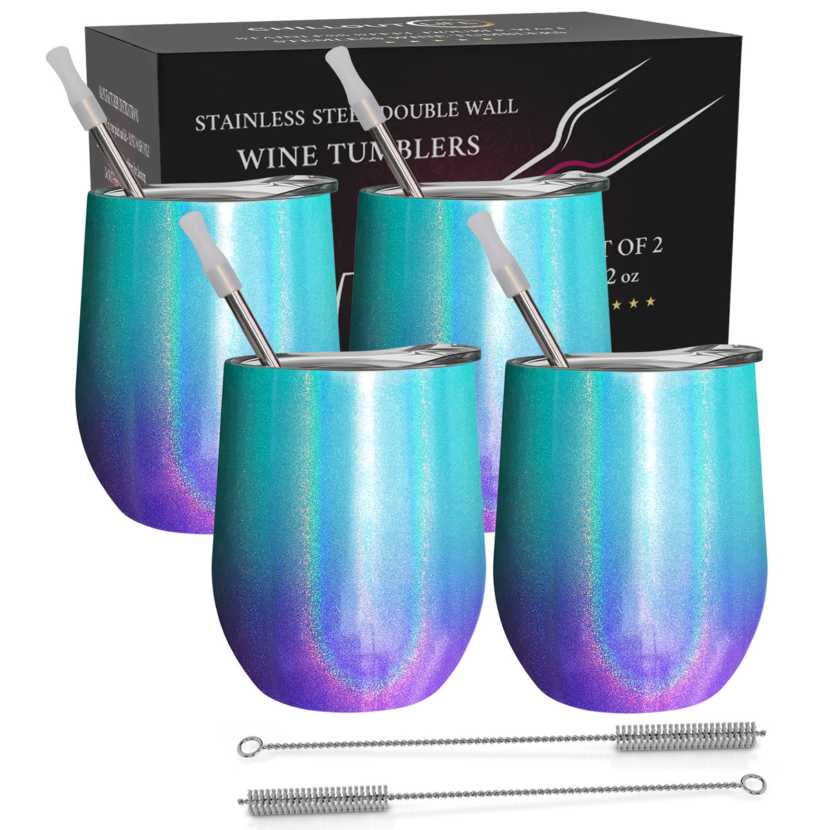 Stainless Steel Double Wall Wine Tumbler - Mermaid Sparkle by Chillout Life for Unisex - 4 x 12 oz Tumbler