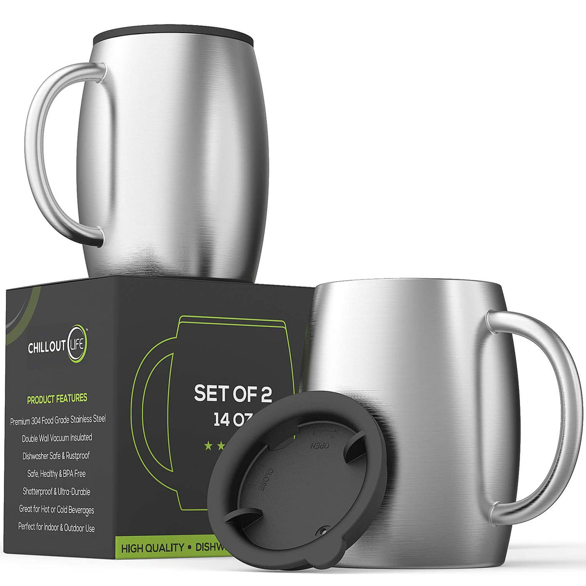 Stainless Steel Double Wall Coffee Mug with Lid by Chillout Life for Unisex - 2 x 14 oz Tumbler
