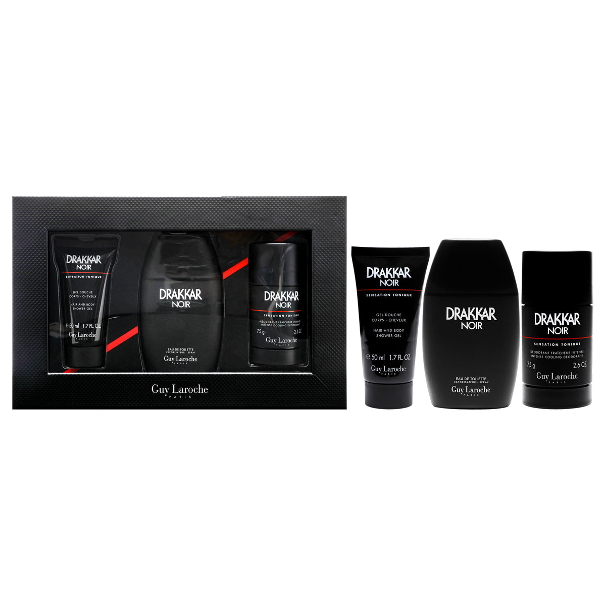 Drakkar Noir - 2021 by Guy Laroche for Men - 3 Pc Gift Set 3.4oz EDT Spray, 2.6oz Deodorant Stick, 1.7oz Shower Gel