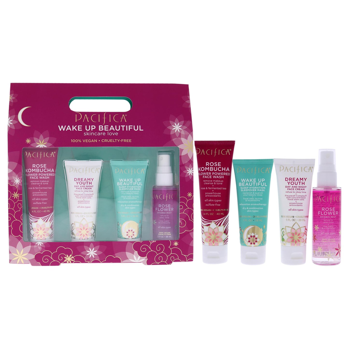 Wake Up Beautiful Skincare Love by Pacifica for Women - 4 Pc 1.4oz Rose Kombucha Flower Powered Face Wash, 1oz Dreamy Youth Day and Night Face Cream, 1oz Wakeup Beautiful Super Hydration Sleepover Mask, 2oz Rose Flower Hydro Mist