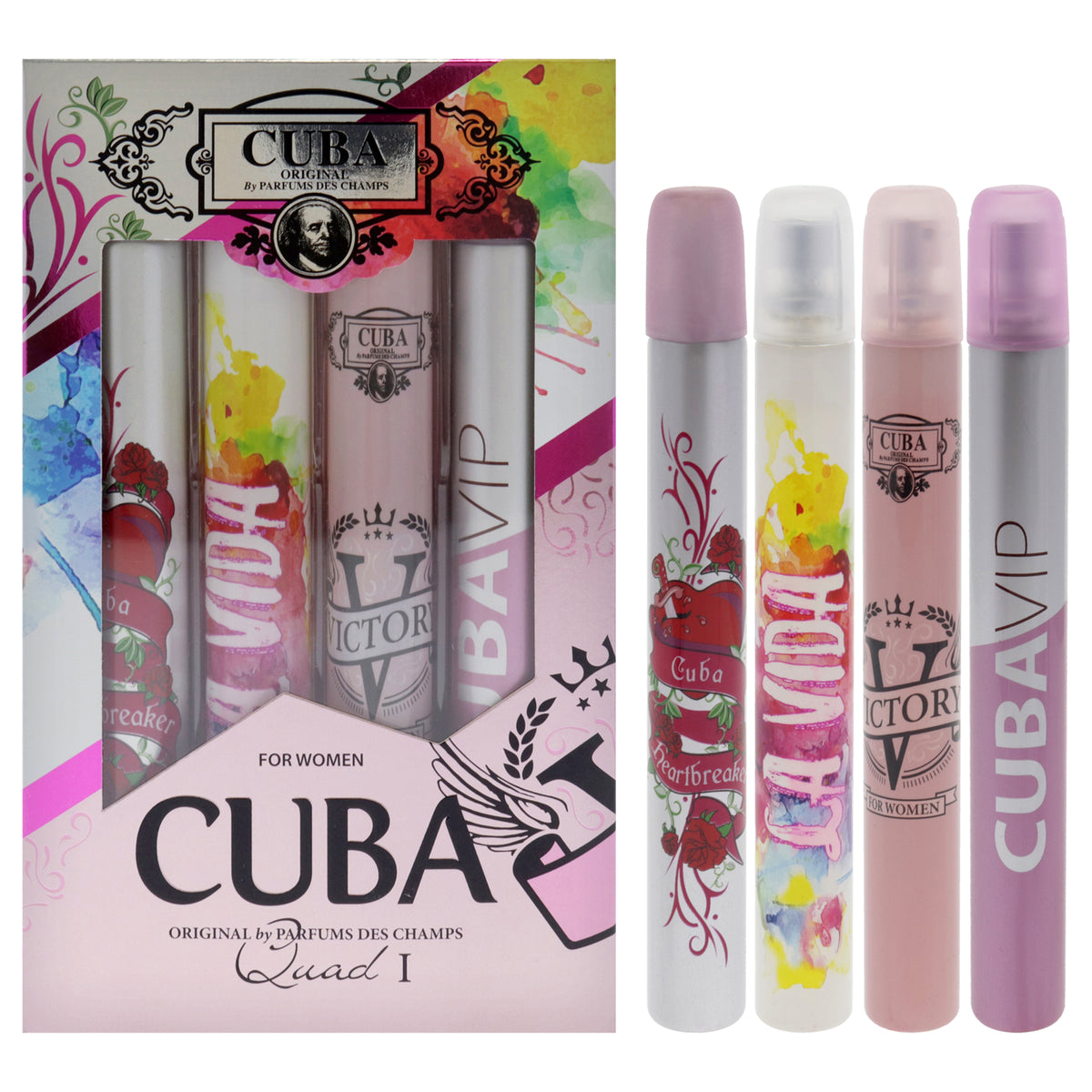 Cuba Quad I by Cuba for Women - 4 Pc Gift Set 1.17oz Cuba Heartbreak EDP Spray, 1.17oz Cuba La Vida EDP Spray, 1.17oz Cuba Victory EDP Spray, 1.17oz Cuba VIP EDP Spray