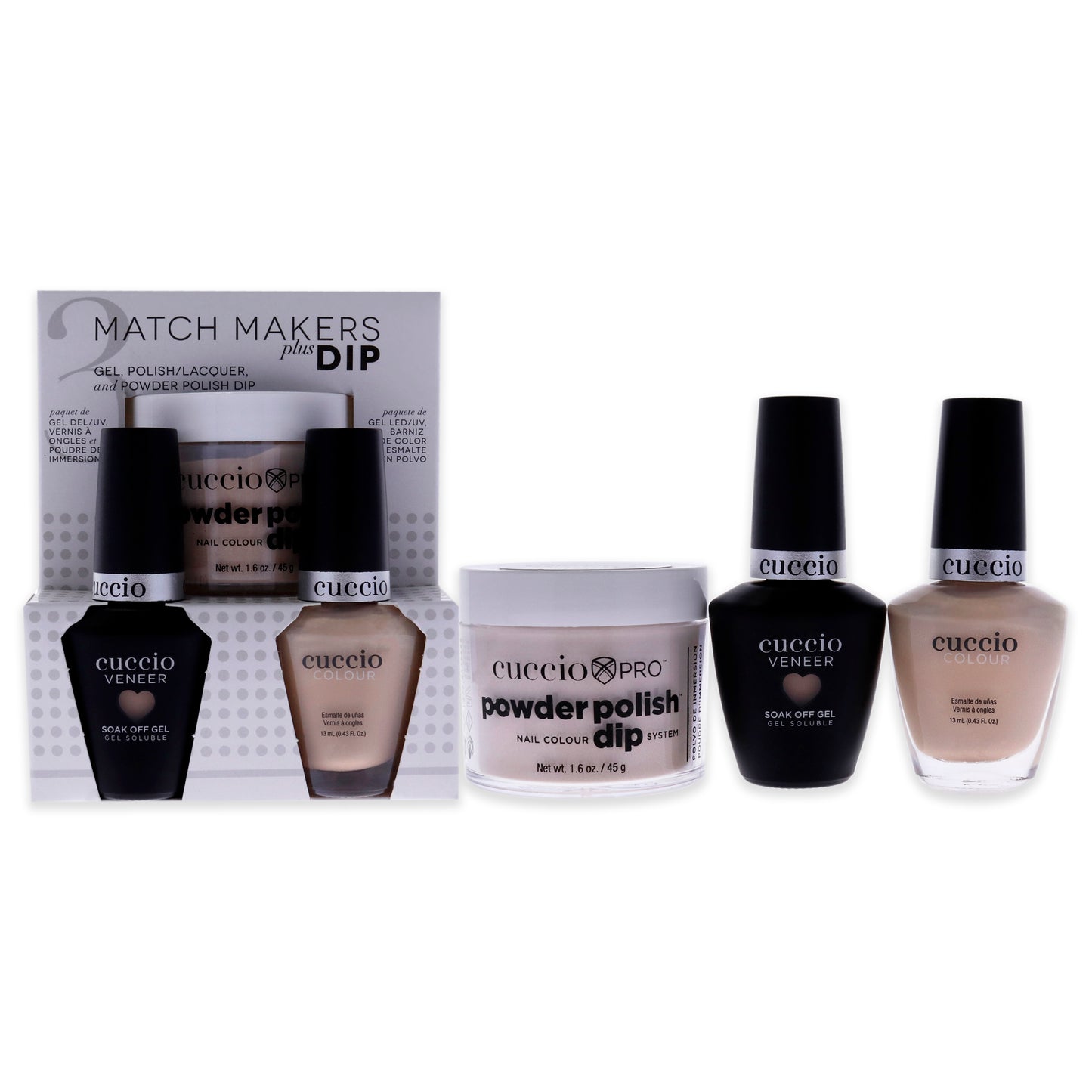 Match Makers Plus Dip - Skin to Skin by Cuccio Colour for Women - 3 Pc 1.6oz Pro Powder Polish Dip System, 0.44oz Veneer Soak Off Gel, 0.43oz Colour Nail Polish