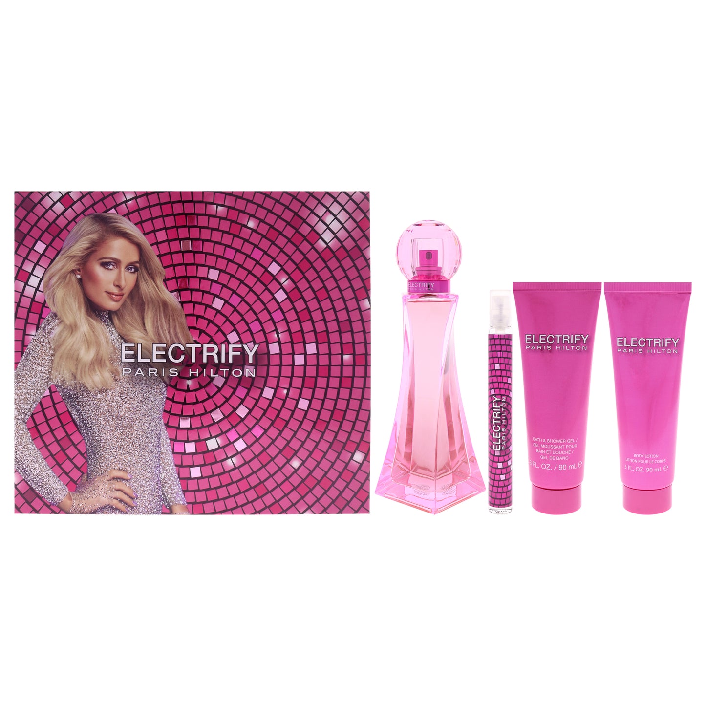 Electrify by Paris Hilton for Women - 4 Pc Gift Set 3.4oz EDP Spray, 0.34oz EDP Spray (Mini), 3oz Bath and Shower Gel, 3oz Body Lotion