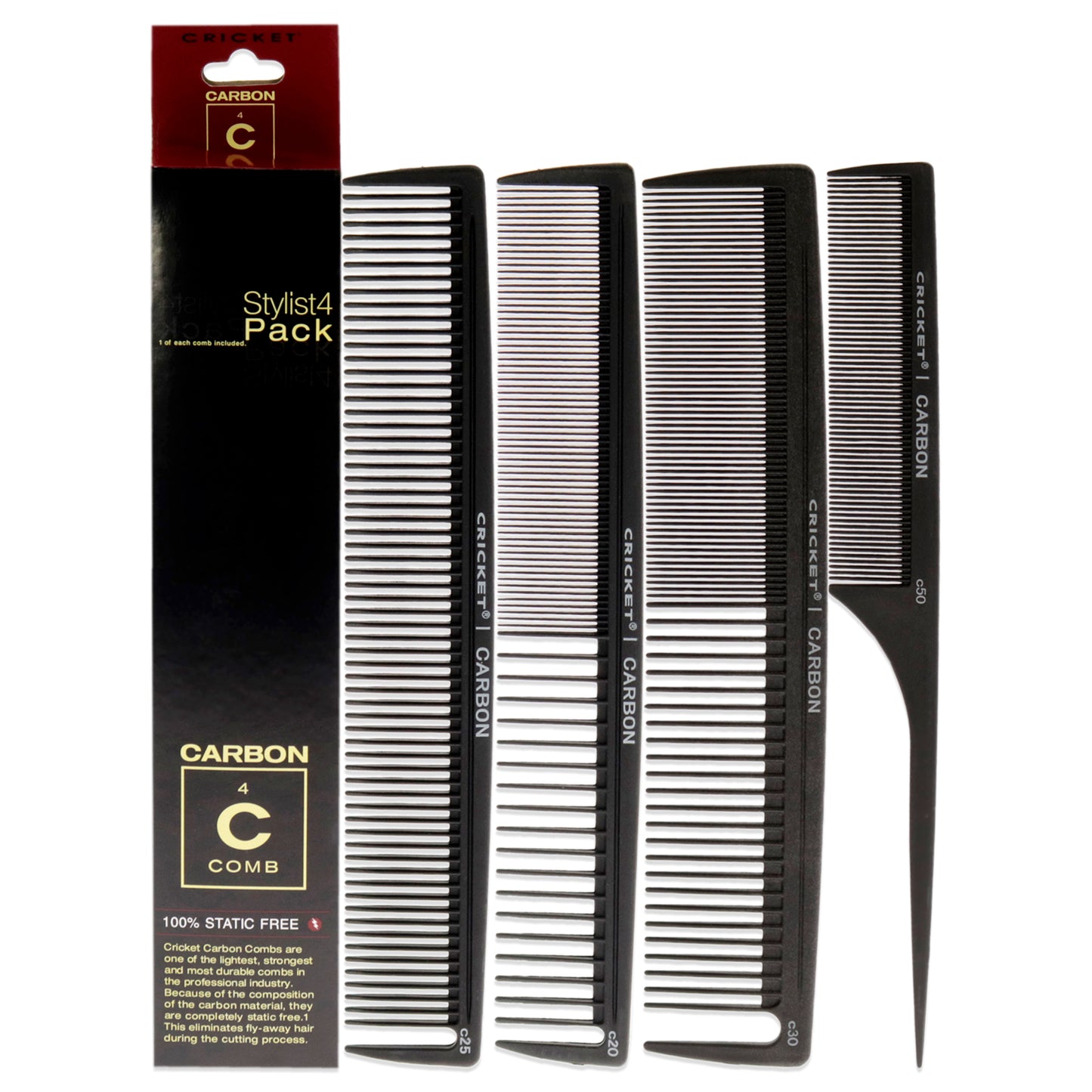 Carbon Comb Stylish 4-Pack Set by Cricket for Unisex - 4 Pc Set 1Pc All Purpose Cutting Comb - C20, 1Pc Multi Purpose Comb - C25, 1Pc Power Comb - C30, 1Pc Fine Toothed Rattail Comb - C50