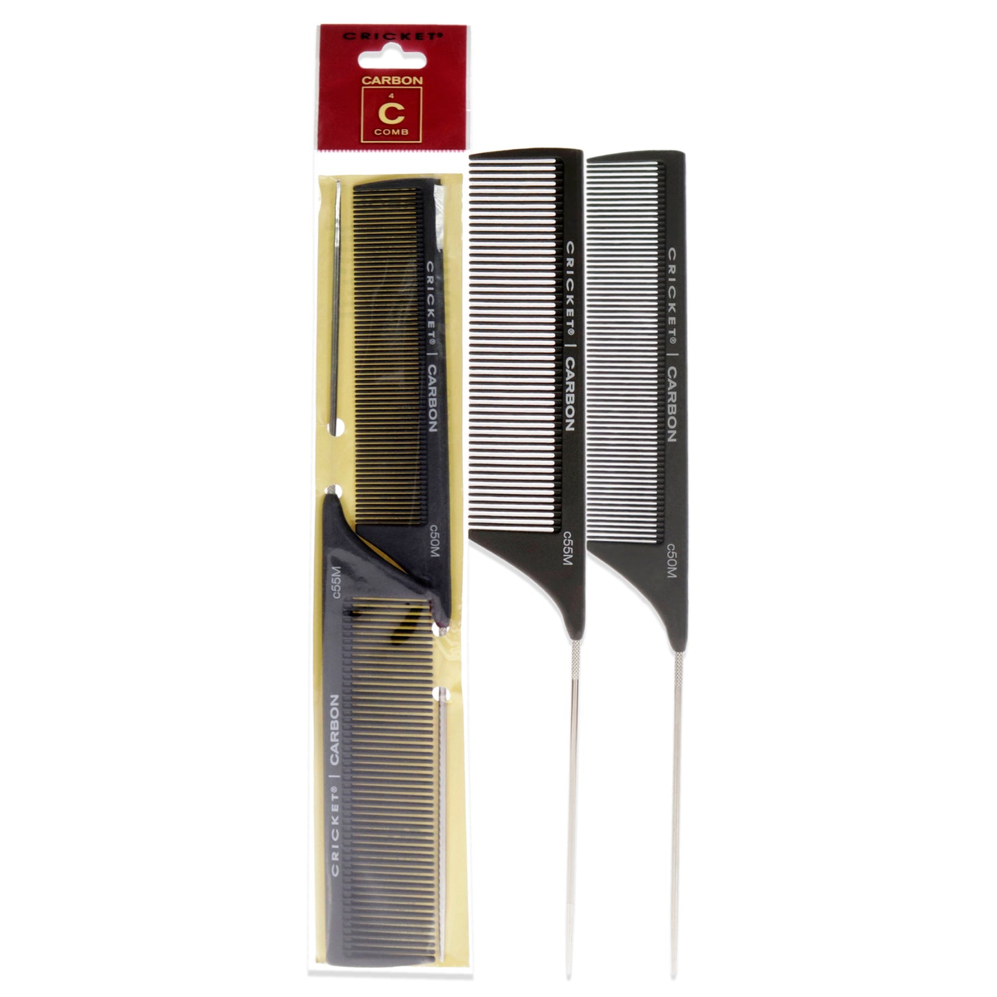 Carbon Comb Duo Set by Cricket for Unisex - 2 Pc Set 1pc Seamless Fine Tooth Pattern Metal Rattail Comb - C50M , 1pc Seamless Medium Tooth Pattern Metal Rattail Comb - C55M