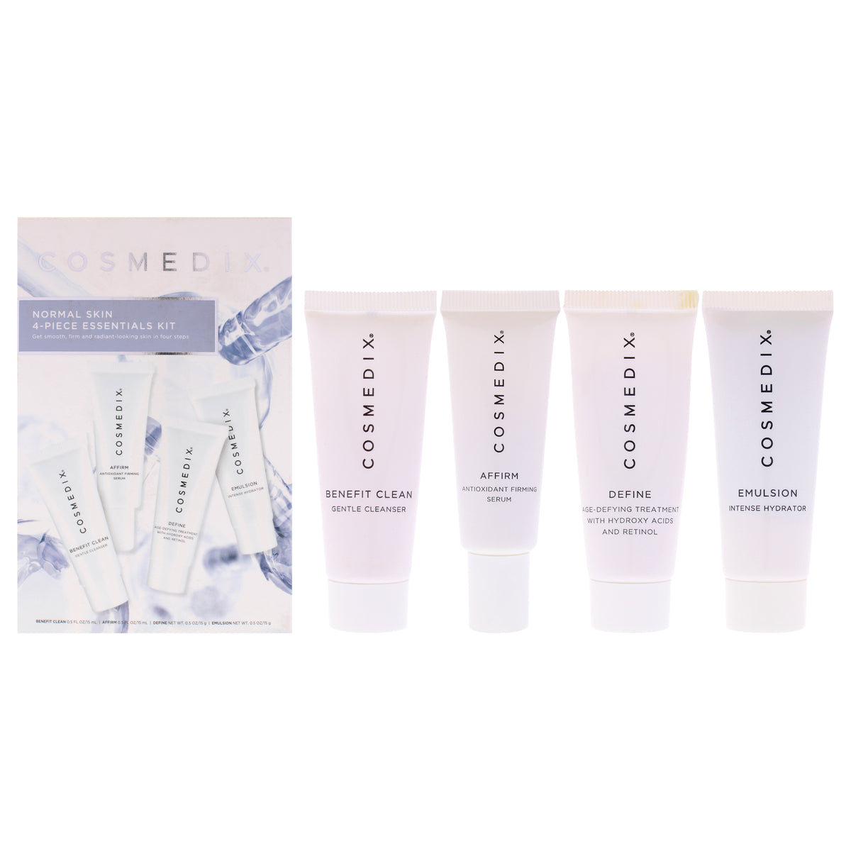 Normal Skin Essentials Kit by Cosmedix for Unisex - 4 Pc 0.5oz Benefit Clean, 0.5oz Affirm, 0.5oz Define, 0.5oz Emulsion