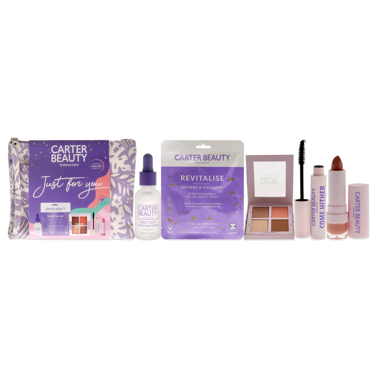 Just For You Set by Carter Beauty for Women - 6 Pc 0.81oz Revitalise Facial Sheet Mask, 0.4oz Mixed Face Palette - Full House, 1.01oz Hold Tight Perfecting Primer, 0.42oz Come Hither Lengthening Mascara - Jet Black, 0.16oz Word of Mouth Velvet Matte