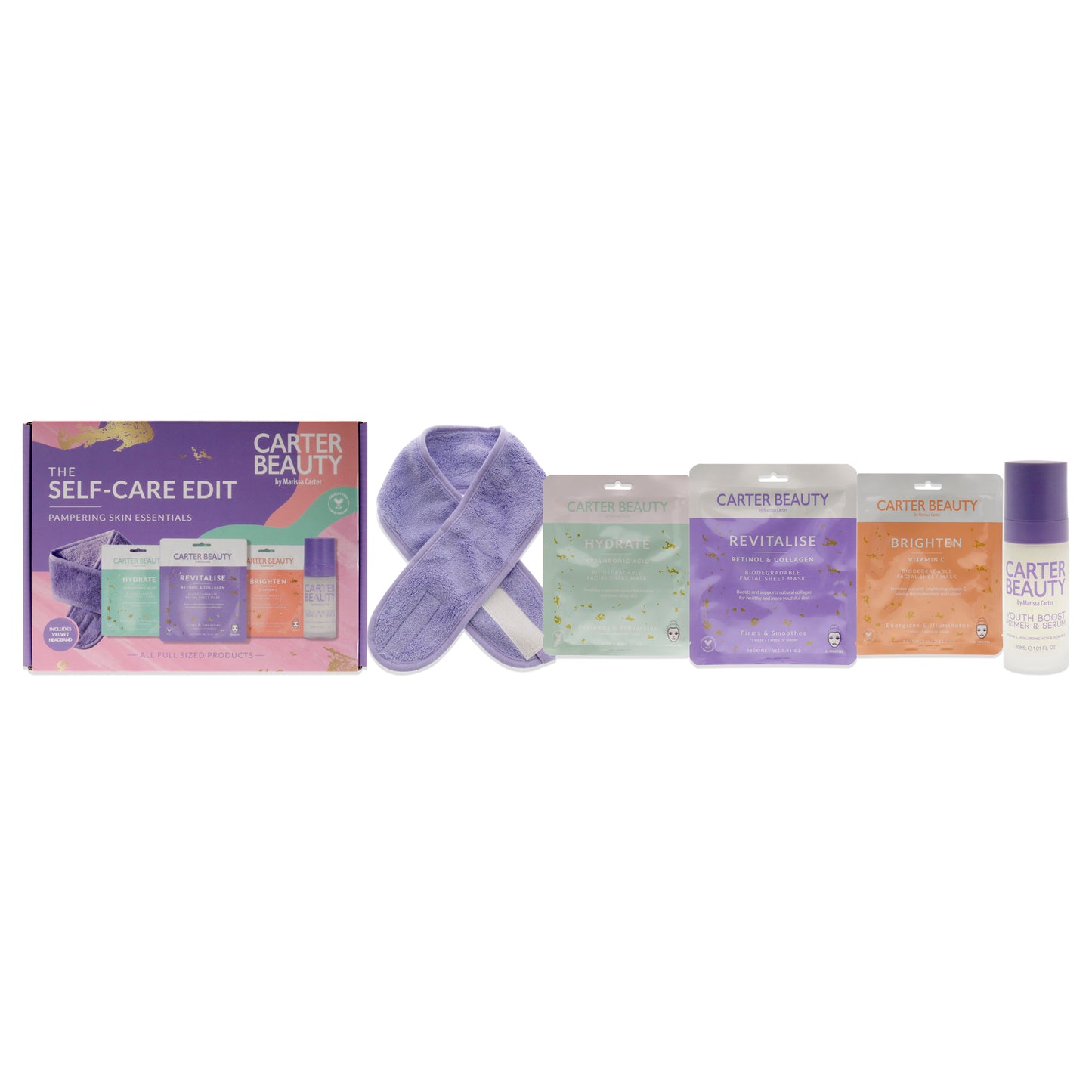 The Self-Care Edit Set by Carter Beauty for Women - 5 Pc 3 x 0.81oz Revitalise Retinol and collagen FaciaL Sheet Mask, Hydrate- Hyaluronic Acid Facial Sheet Mask, Brighten - Vitamin C Facial Sheet Mask, 1.01oz Youth Boost Promer and Serum, Velvet Headband