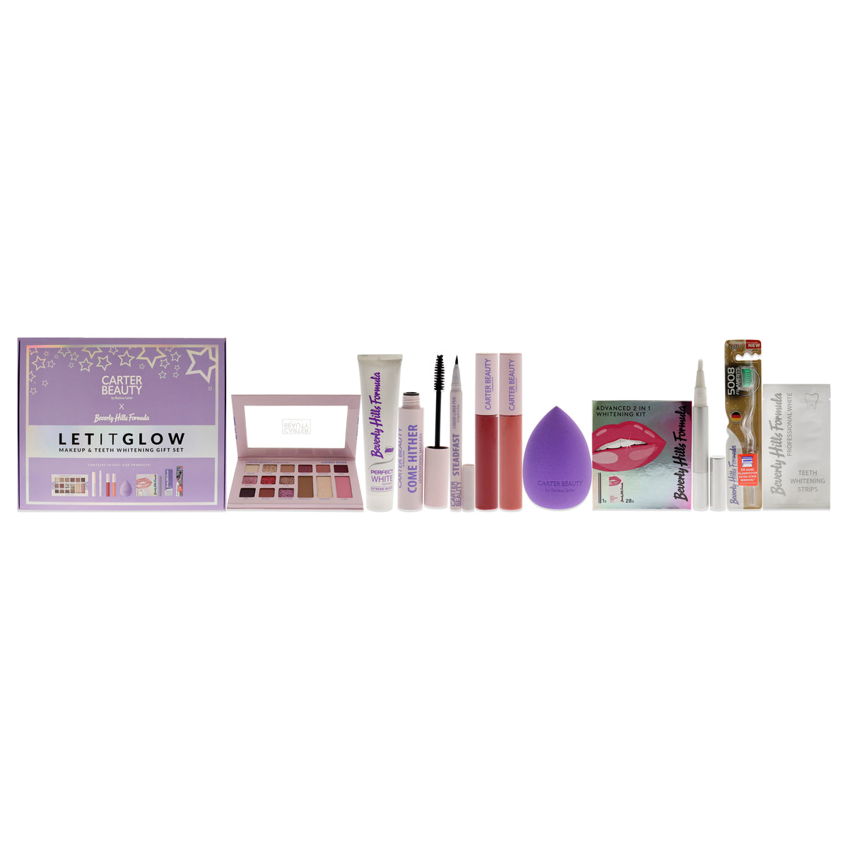 Let It Glow Make Up and Teeth Whitening Set by Carter Beauty for Women - 10 Pc 0.63oz Mixed Face and Eye Palette- Cherry Bomb , 0.4oz Come Hither Lengthening Mascara - Jet Black, 0.01oz Steadfast Liquid Liner Pen - Jet Black, 0.26oz Free Speech Matte
