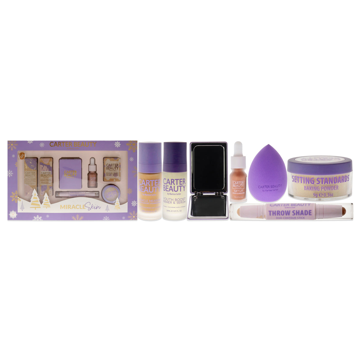 Miracle Skin Set - Sticky Toffee by Carter Beauty for Women - 7 Pc 1.01oz Miracle Measure Youth Boost Foundation - Sticky Toffee, 1.01oz Miracle Measure Youth Boost Primer and Serum, 0.08oz Throw Shade Duo Contour Stick - Light, 0.03oz Get Lit Liquid