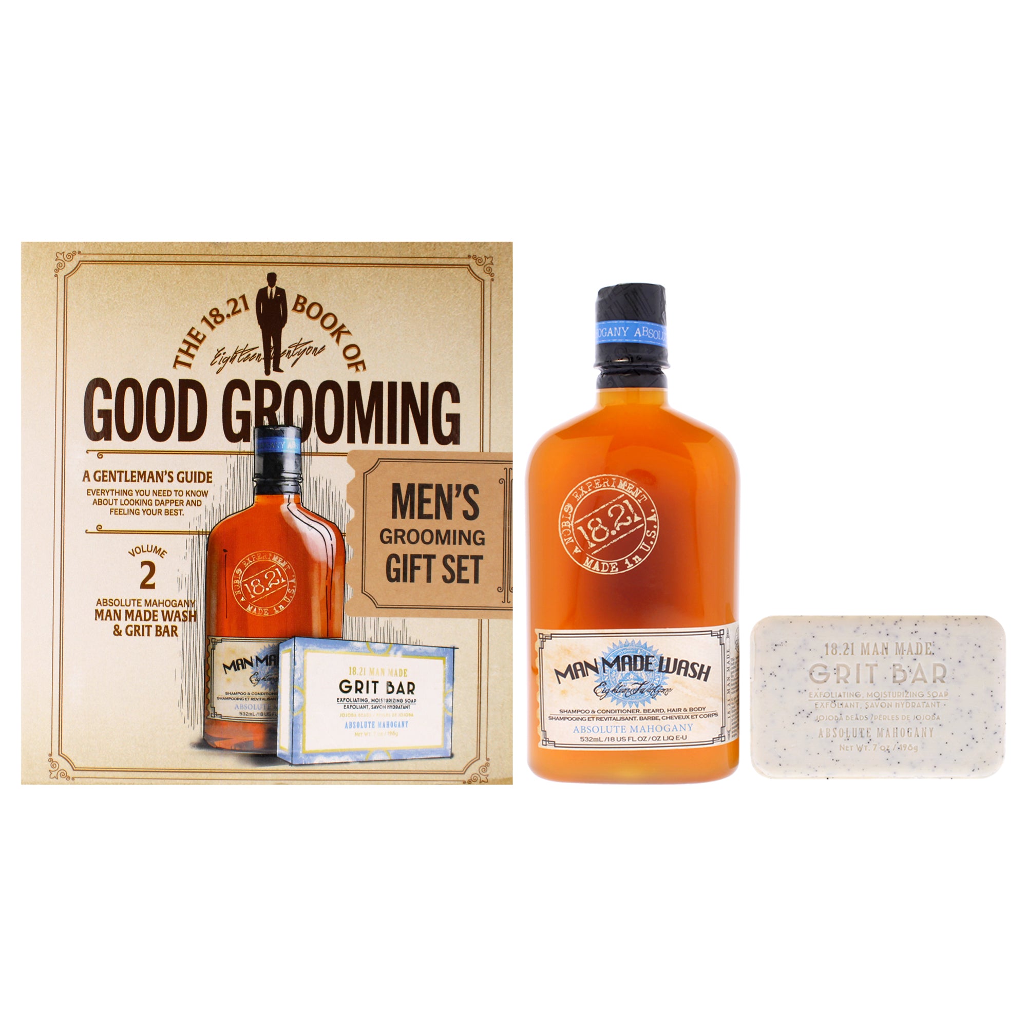 Book of Good Grooming Volume 2 Set - Absolute Mahogany by 18.21 Man Made for Men - 2 Pc 18oz Man Made Wash 3-In-1 Shampoo, Conditioner and Body Wash, 7oz Grit Bar