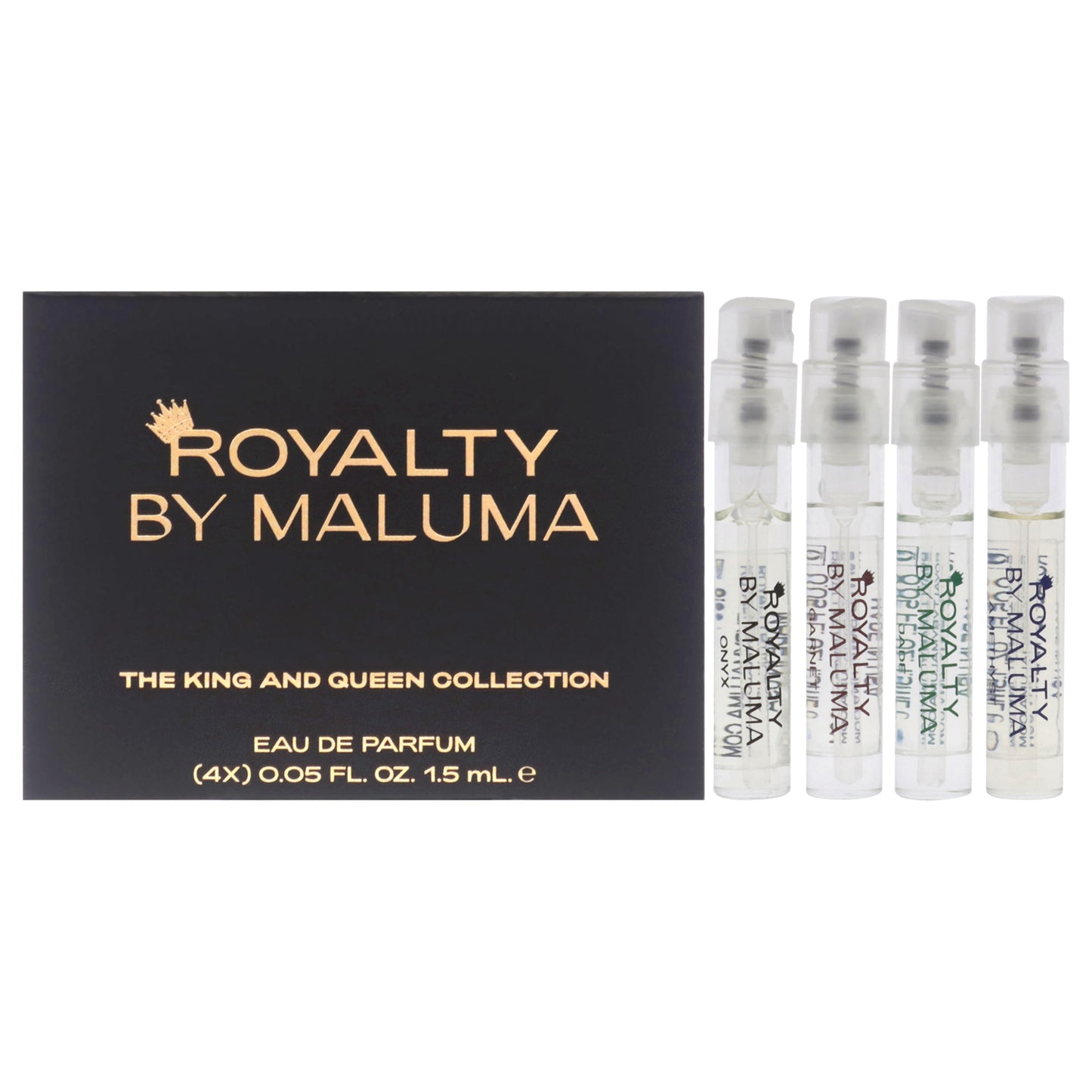 The King and Queen Collection by Royalty By Maluma for Unisex - 4 Pc Gift Set 0.05oz Onyx For Him EDP Spray, 0.05oz Garnet For Him EDP Spray, 0.05oz Jade For Her EDP Spray, 0.05oz Amethyst for Her EDP Spray