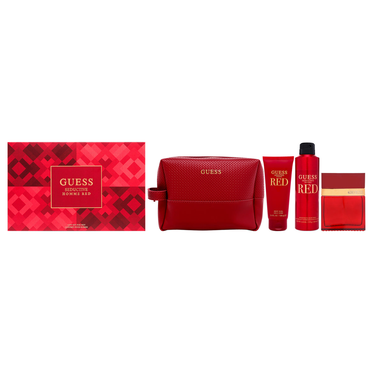 Guess Seductive Red by Guess for Men - 4 Pc Gift Set 3.4oz EDT Spray, 6oz Deodorant Body Spray, 3.4oz Shower Gel, Pouch