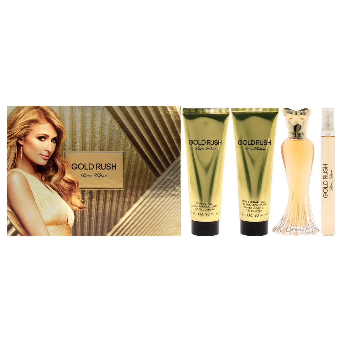 Gold Rush by Paris Hilton for Women - 4 Pc Gift Set 3.4oz EDP Spray, 0.34oz EDP Spray, 3oz Body Lotion, 3oz Shower Gel