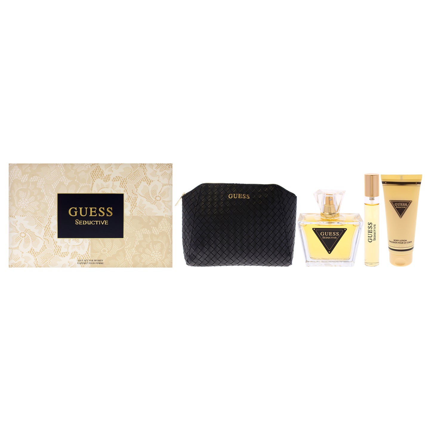 Guess Seductive by Guess for Women - 4 Pc Gift Set 2.5oz EDT Spray, 0.5oz EDT Spray, 3.4oz Body Lotion, Pouch