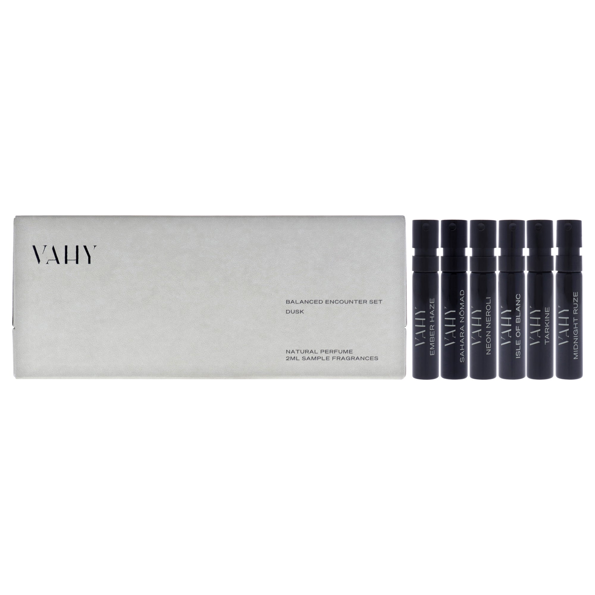 Balanced Encounter Set - Dusk by Vahy for Unisex - 6 Pc 0.06oz Ember Haze EDP Spray Vial , 0.06oz Neon Neroli EDP Spray Vial , 0.06oz Isle Of Blanc EDP Spray Vial , 0.06oz Tarkine EDP Spray Vial , 0.06oz Midnight Ruze EDP Spray Vial , 0.06oz Sahara Nomad EDP Spray Vial