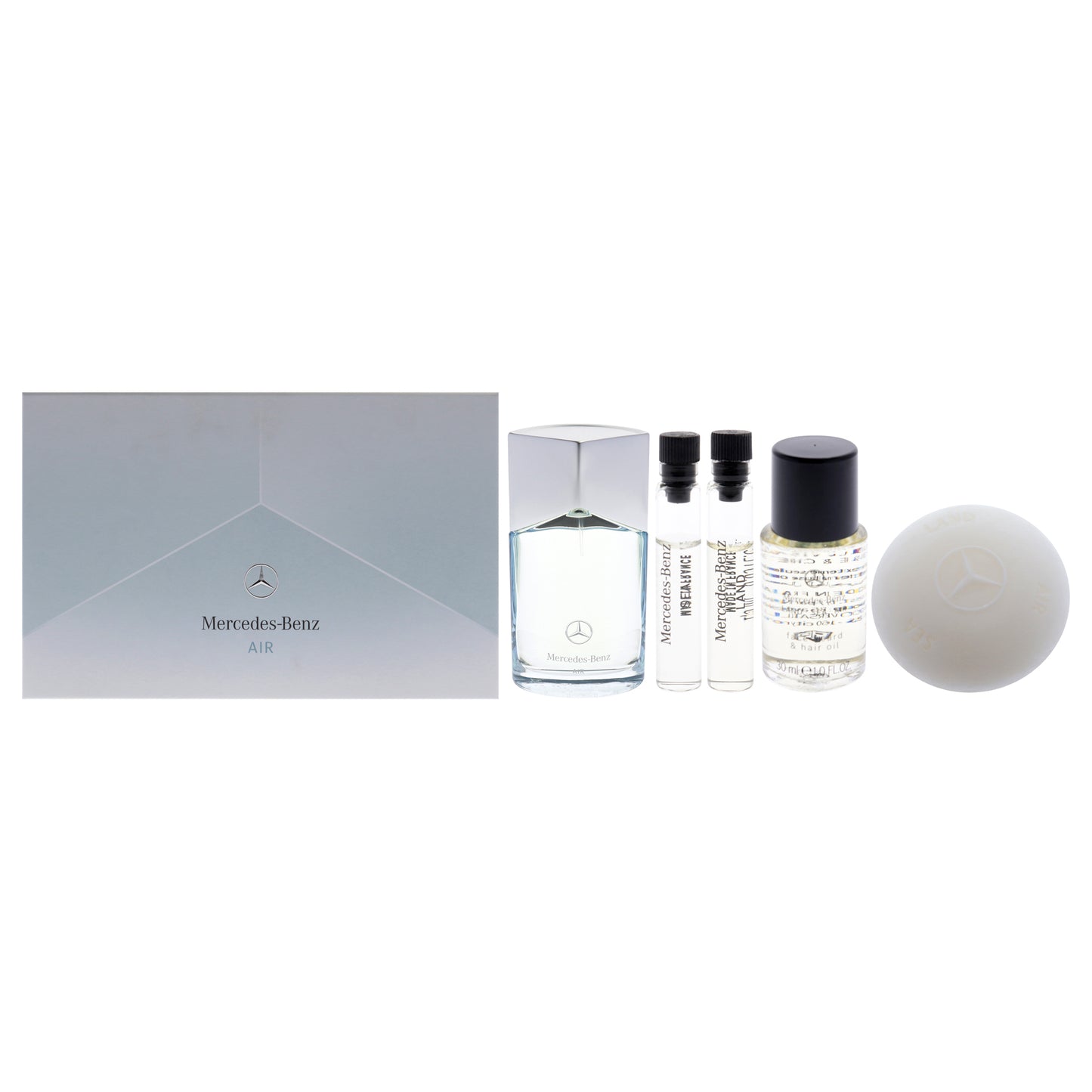 Mercedes-Benz Air by Mercedes-Benz for Men - 5 Pc Gift Set 3.4oz EDP Spray, 0.05oz Sea EDP Spray (Mini), 0.05oz Land EDP Spray (Mini), 1oz LSA Face Beard and Hair Oil, 3.8oz LSA Solid Shower Gel