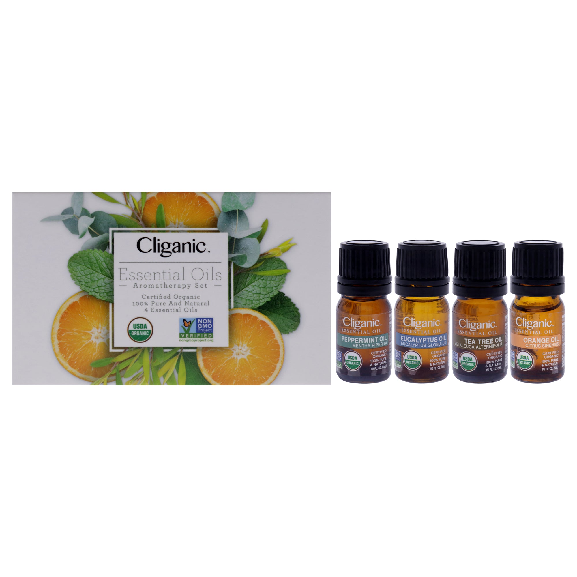 Organic Aromatherapy Set by Cliganic for Unisex - 4 Pc 0.016oz Oil - Peppermint, 0.016oz Oil - Eucalyptus, 0.016oz Oil - Tea Tree, 0.016oz Oil - Orange
