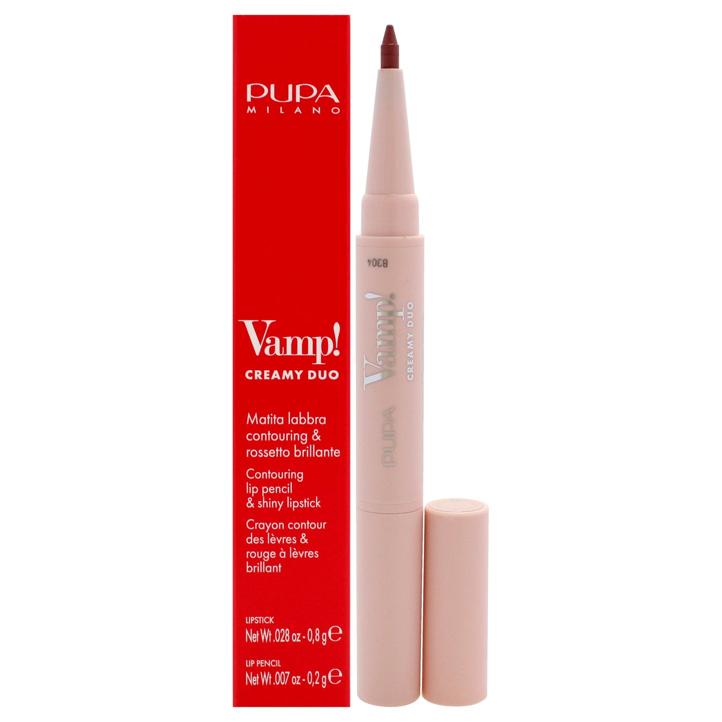 Vamp! Creamy Duo Contouring Lip Pencil and Shiny Lipstick - 004 Light Rose by Pupa Milano for Women - 0.035 oz Makeup
