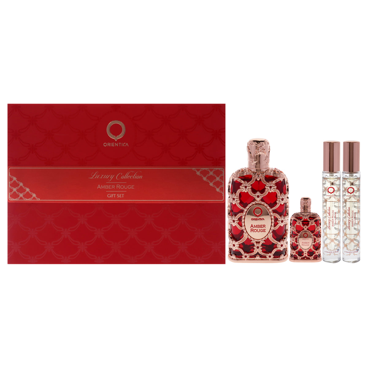 Amber Rouge by Orientica for Women - 4 Pc Gift Set 2.7oz EDP Spray, 7.5ml EDP Spray (Mini), 2 X 10ml EDP Spray (Mini)