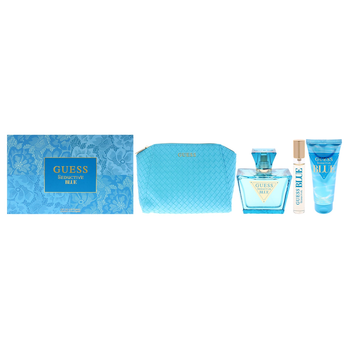 Guess Seductive Blue by Guess for Women - 4 Pc Gift Set 2.5oz EDT Spray, 0.5oz EDT Spray, 3.4oz Body Lotion, Pouch