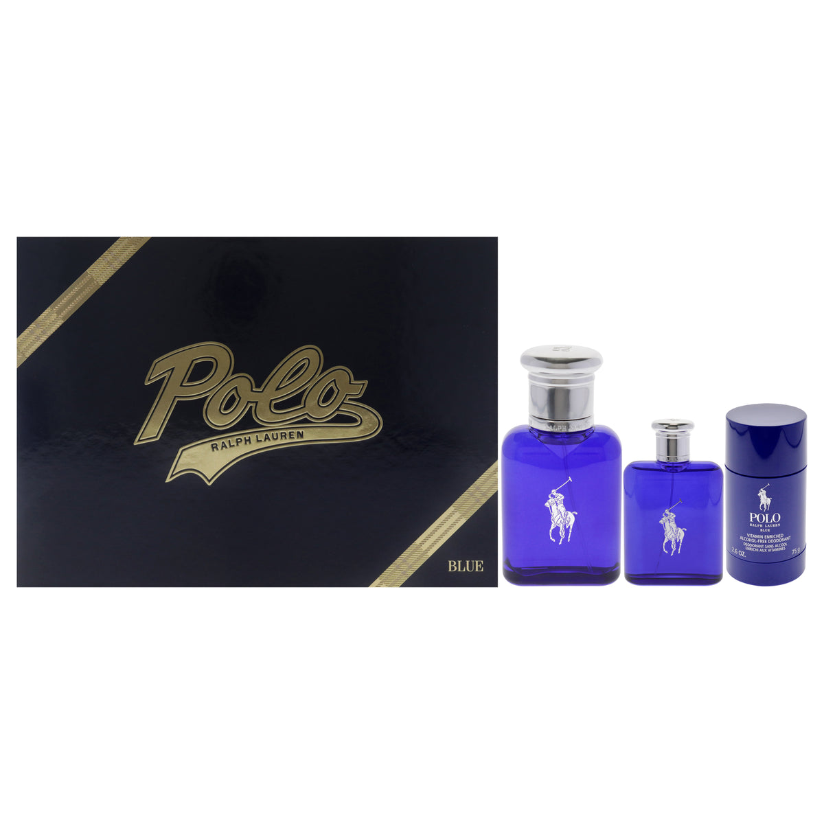 Polo Blue by Ralph Lauren for Men - 3 Pc Gift Set 4.2oz EDT Spray (Refillable), 1.36oz EDT Spray, 2.6oz Deodorant Stick