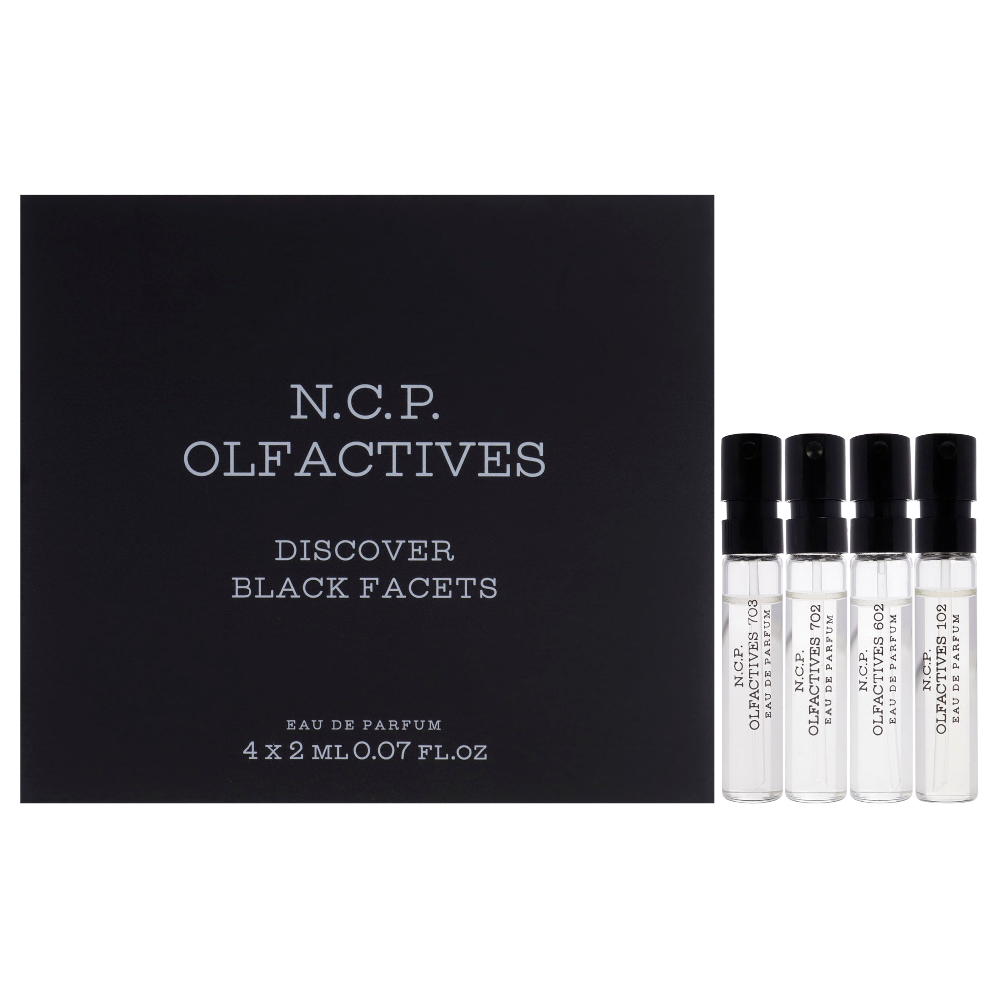 Discover Black Facets Kit by NCP for Unisex - 4 x 2 ml Olfactive Facet - 102 Ginger and Lime EDP Spray, Olfactive Facet - 602 Sandalwood and Cedarwood EDP Spray, Olfactive Facet - 702 Musk and Amber EDP Spray, Olfactive Facet - 703 Tonka Bean and Moka EDP Spray