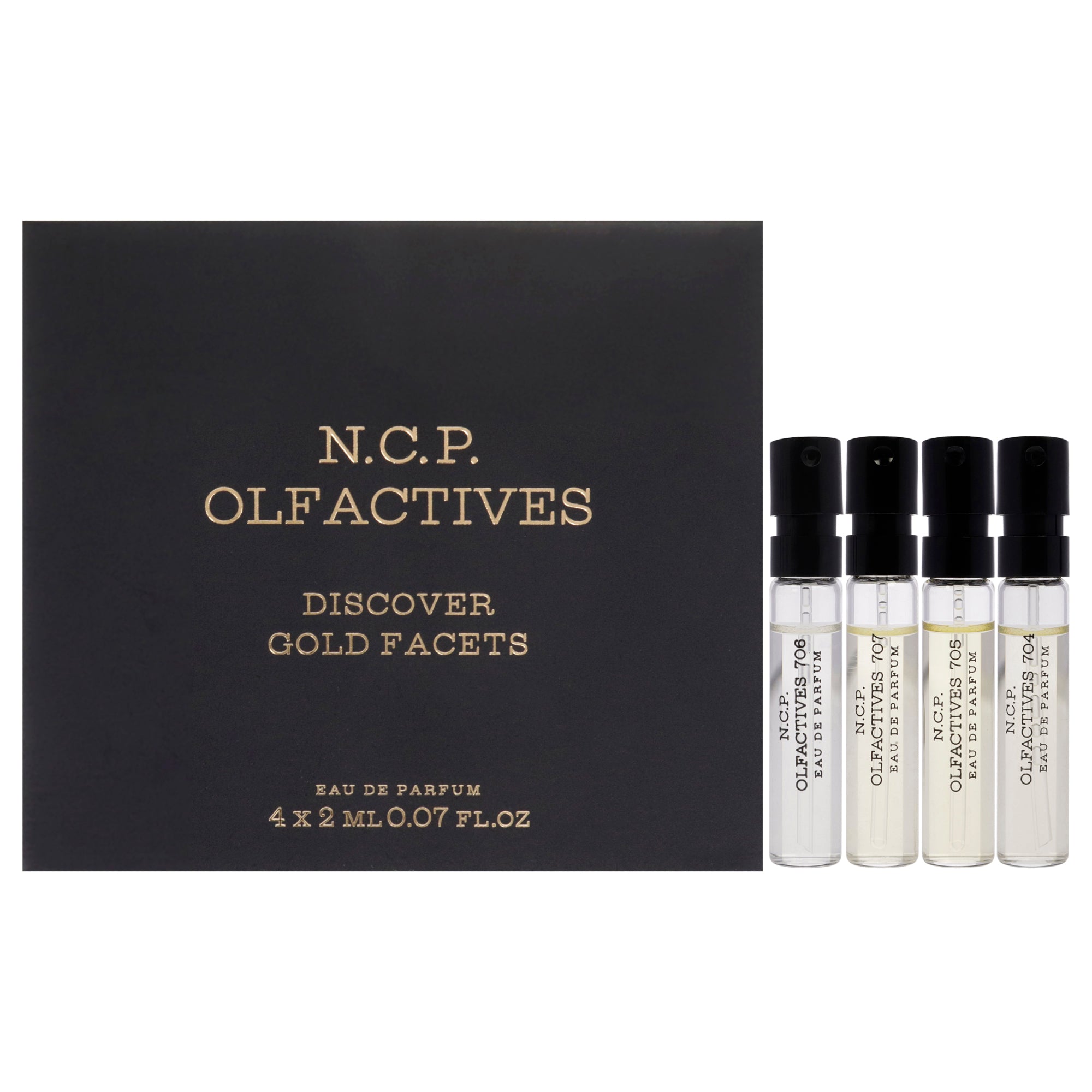 Discover Gold Facets Kit by NCP for Unisex - 4 x 2 ml Olfactive Facet - 704 Incense and musk EDP Spray, Olfactive Facet - 705 Leather and oud EDP Spray, Olfactive Facet - 706 Saffron and oud EDP Spray, Olfactive Facet - 707 Patchouli and oud EDP Spray