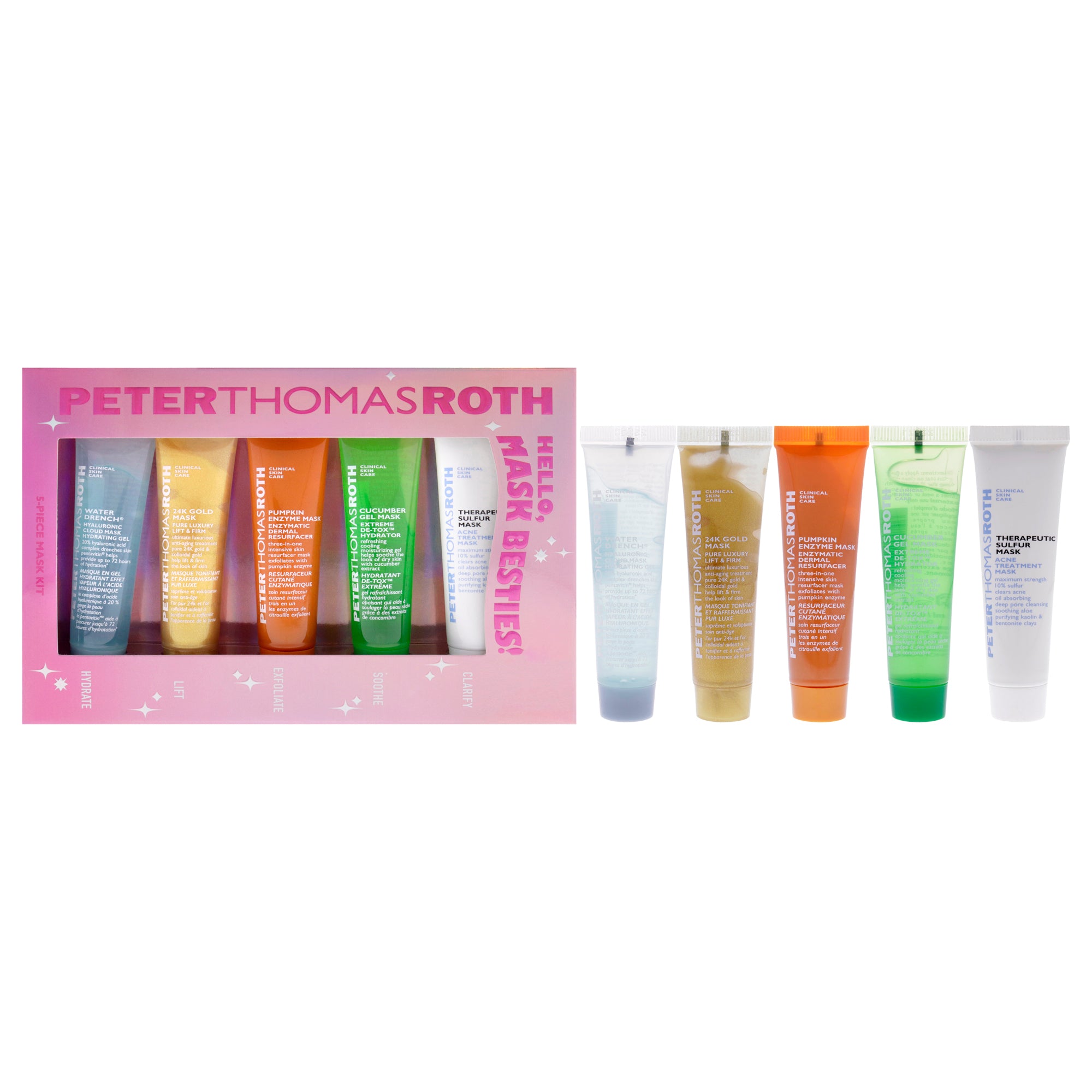 Hello Mask Besties by Peter Thomas Roth for Women - 5 Pc oz 0.47oz Therapeutic Sulfur Mask Acne Treatment Mask, 0.47oz Cucumber Gel Mask Extreme De-Tox Hydrator, 0.47oz Pumpkin Enzyme Mask Enzymatic Dermal Resurfacer, 0.47oz 24K Gold Mask Pure Luxury