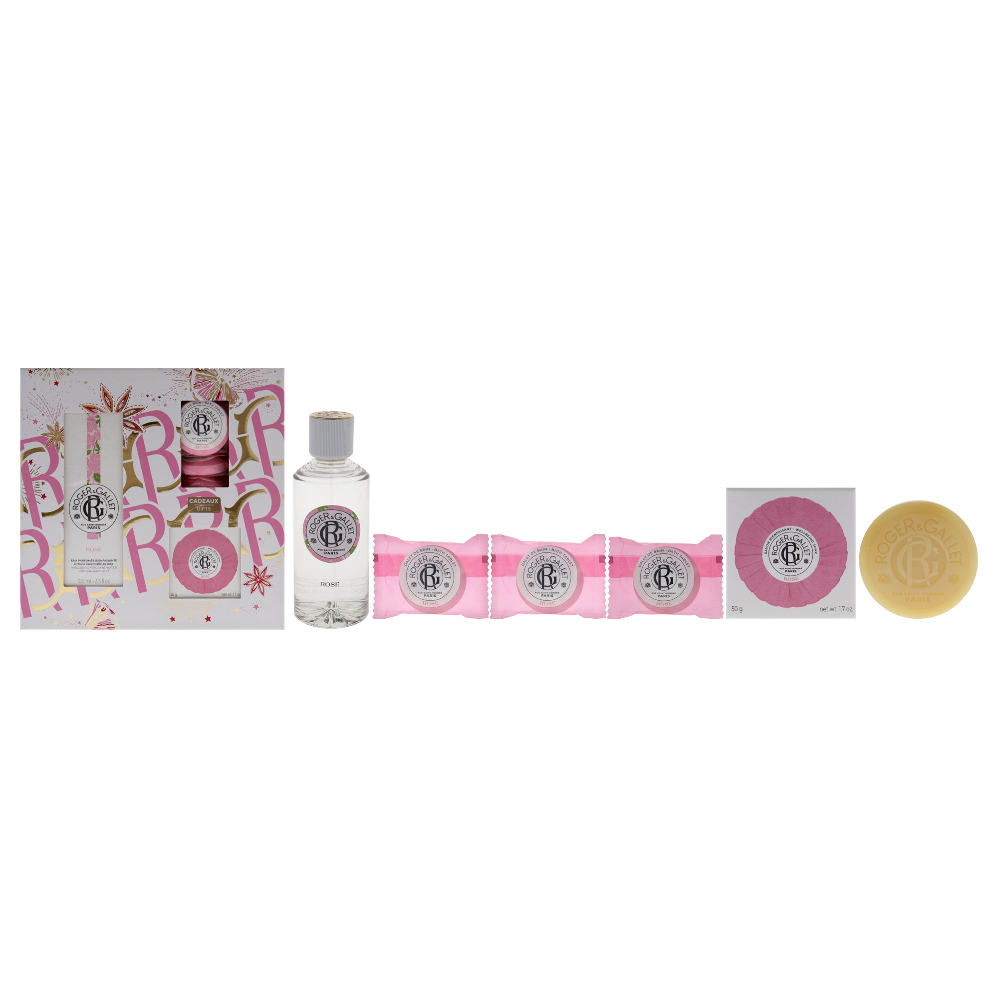 Rose by Roger & Gallet for Women - 5 Pc 3.3oz Wellbeing Fragrant Water, 3 x 0.88oz Bath Tablets, 1.7oz Wellbeing Soap