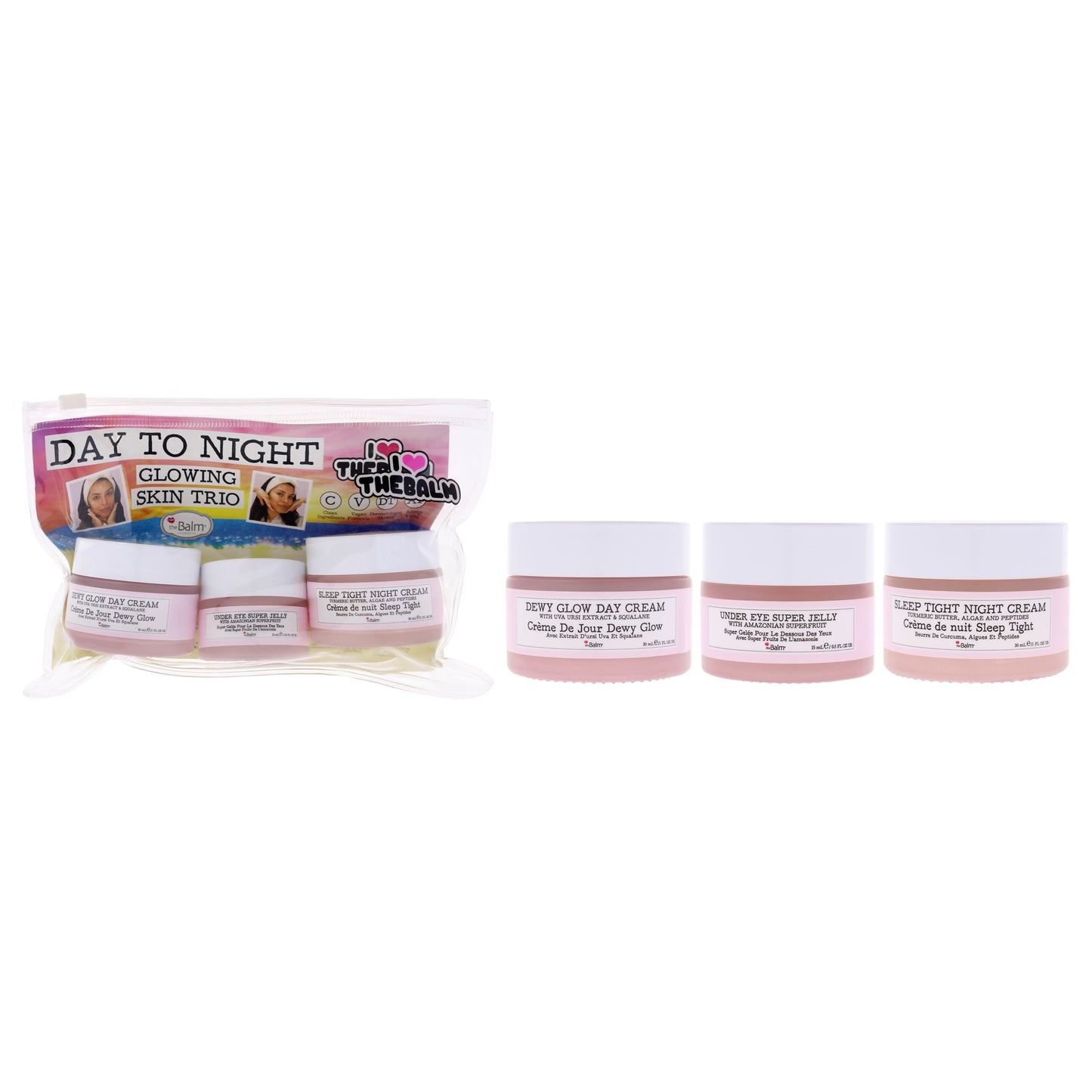 Day To Night Glowing Skin Trio by the Balm for Women - 3 Pc 1oz Dewy Glow Day Cream, 0.5oz Under Eye Super Jelly, 1oz Sleep Tight Night Cream