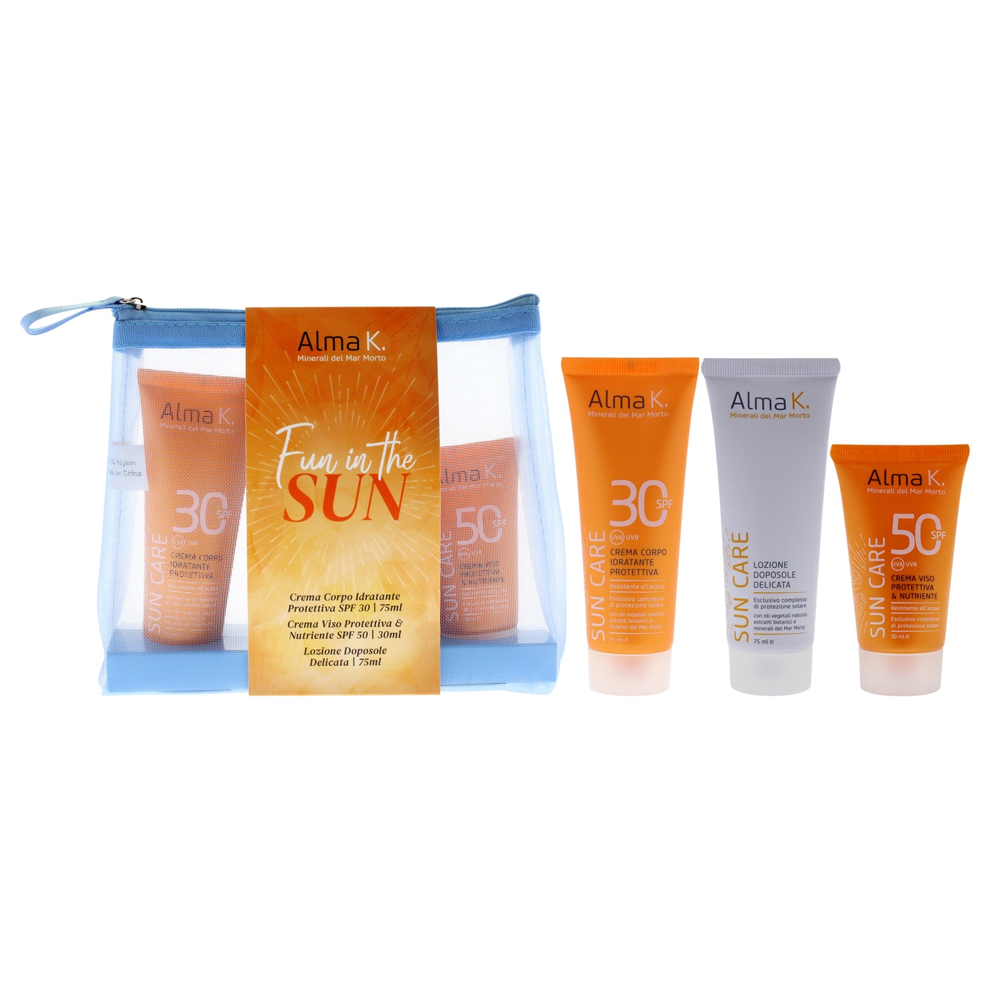 Fun in The Sun Set by Alma K for Unisex - 3 Pc 1oz Crema Viso Protettiva and Nutriente SPF 50, 2.5oz Crema Corpo Hidratante Protettiva SPF 30, 2.5oz Lozione Doposole Delicata