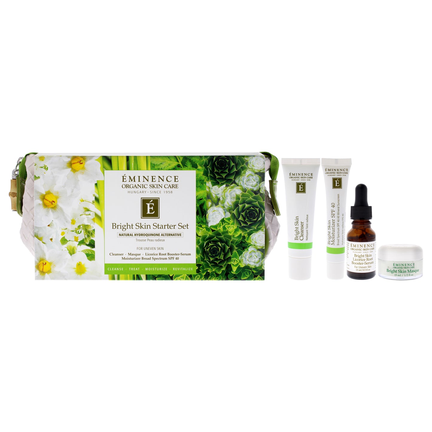 Bright Skin Starter Set by Eminence for Unisex - 5 Pc 1oz Bright Skin Cleanser, 0.5oz Bright Skin Mask, 0.5oz Bright Skin Licorice Root Booster-Serum, 0.5oz Bright Skin Moisturizer SPF 40, Cosmetic Bag