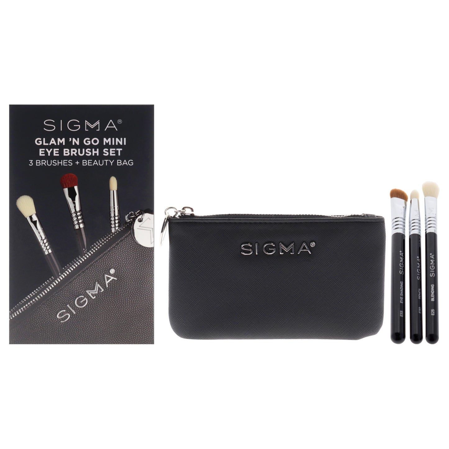Glam and Go Mini Eye Brush Set by SIGMA for Women - 4 Pc Blending Mini Brush - E25, Eye Shading Mini Brush - E55, Pencil Mini Brush - E30, Mini Beauty Bag