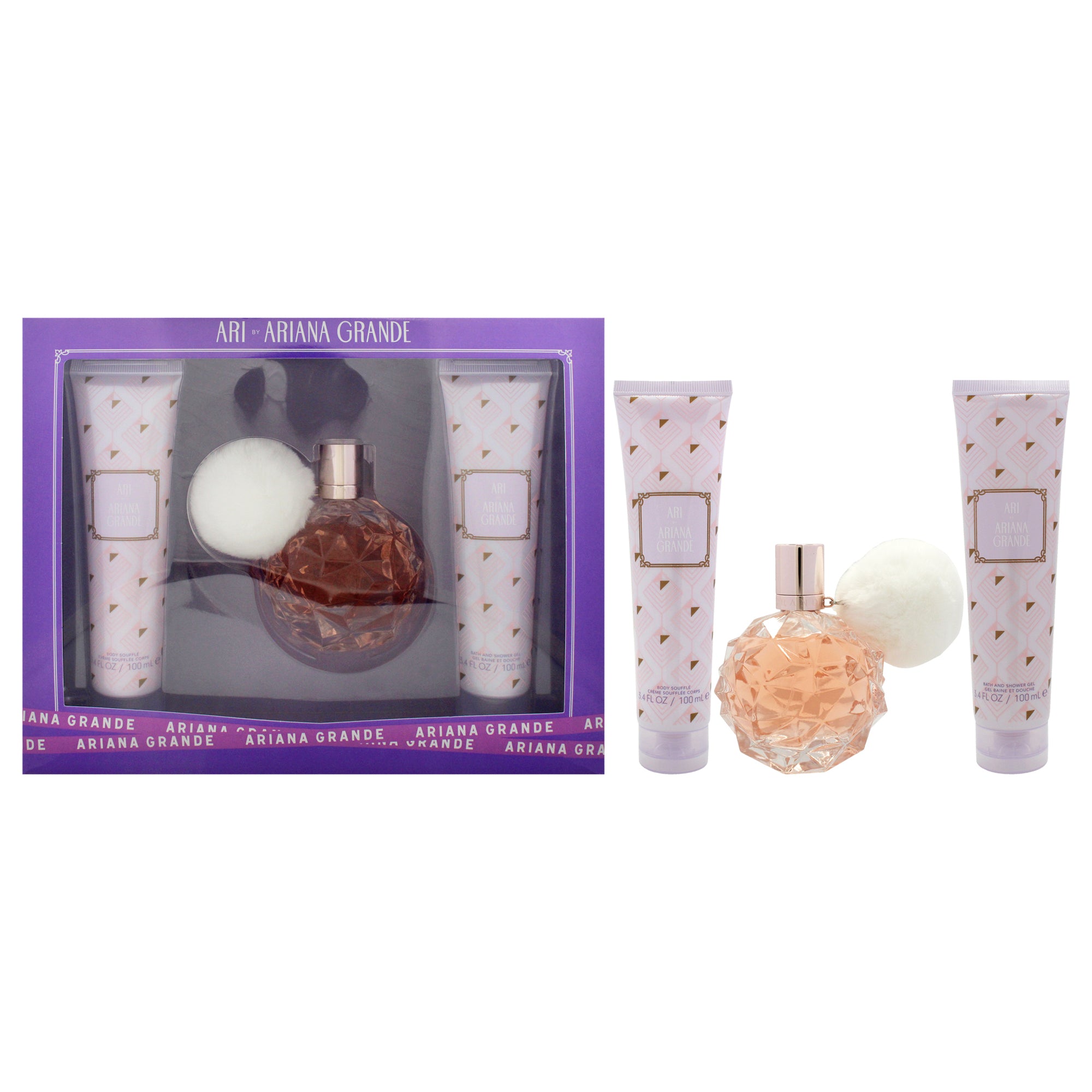 Ari by Ariana Grande for Women - 3 Pc Gift Set 3.4oz EDP Spray, 3.4oz Bath and Shower Gel, 3.4oz Body Souffle